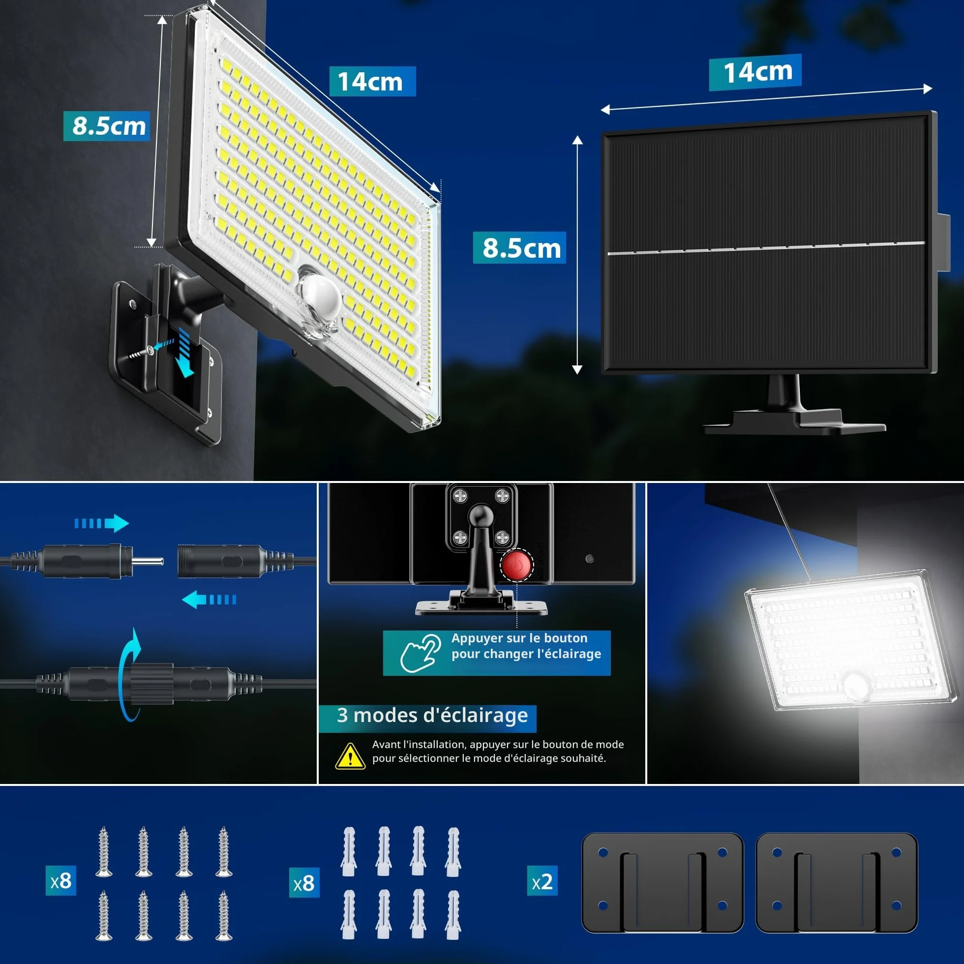Lampe Solaire Extérieur Détecteur de Mouvement 8500K 1500mAh IP65 Étanche 2 Pièces