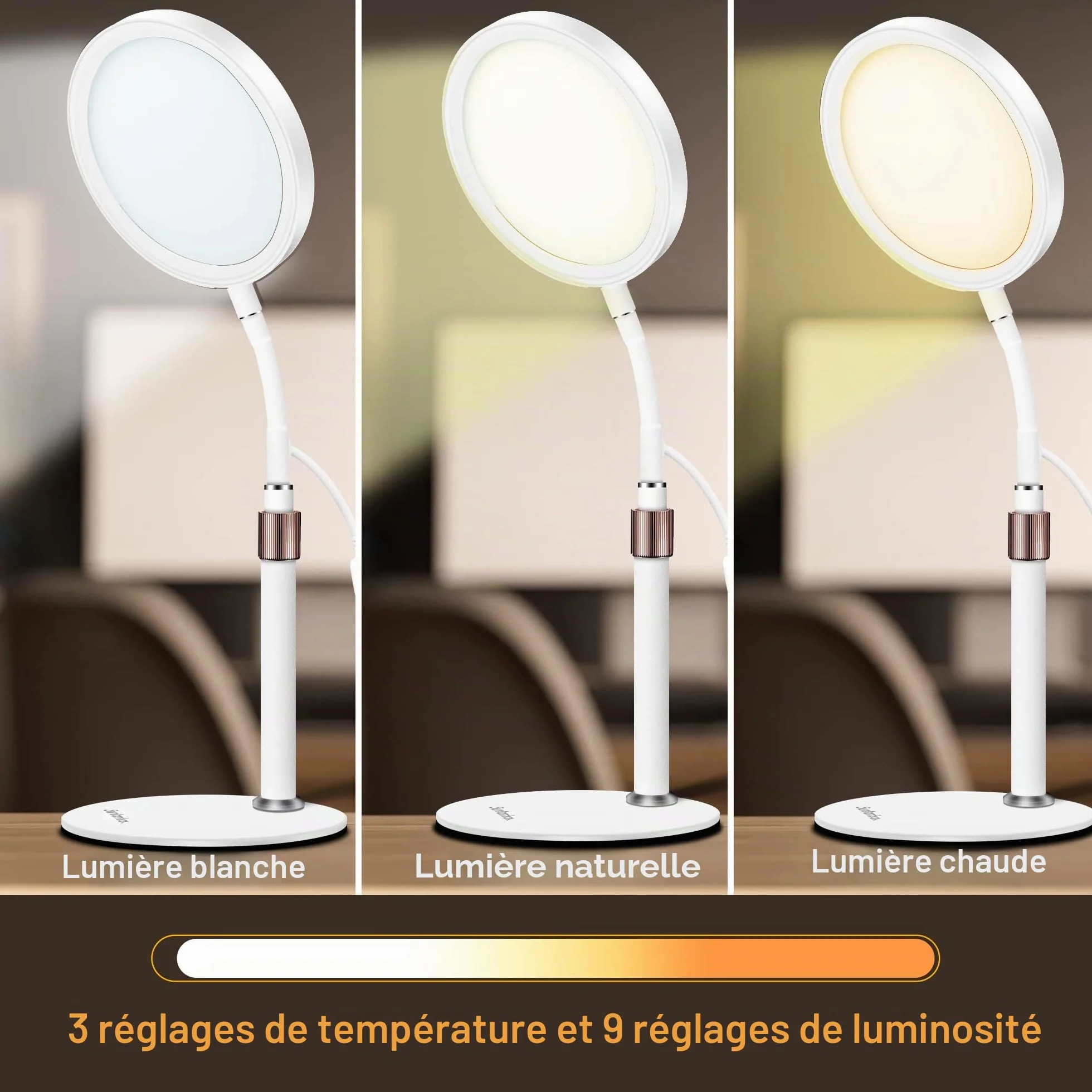 Lampe Lumière du Jour 10000 Lux, Lampe de Bureau avec Col de Cygne 360°, 3 Couleurs, 9 Luminosités, Minuterie 15/30/45 Min (Blanc)