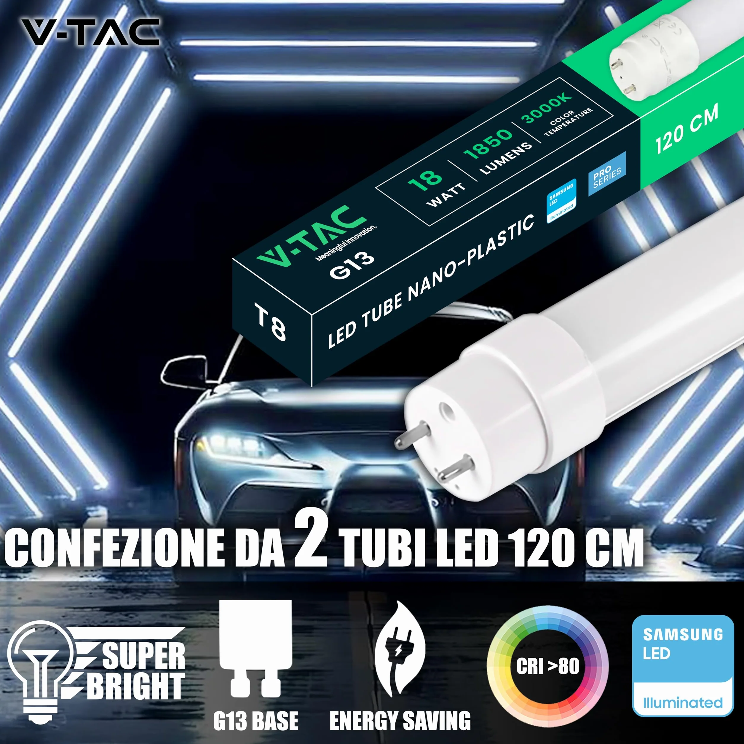 V-TAC Tubes LED T8 G13 18W 120CM 1850 Lumens Samsung Chip Blanc Chaud 3000K