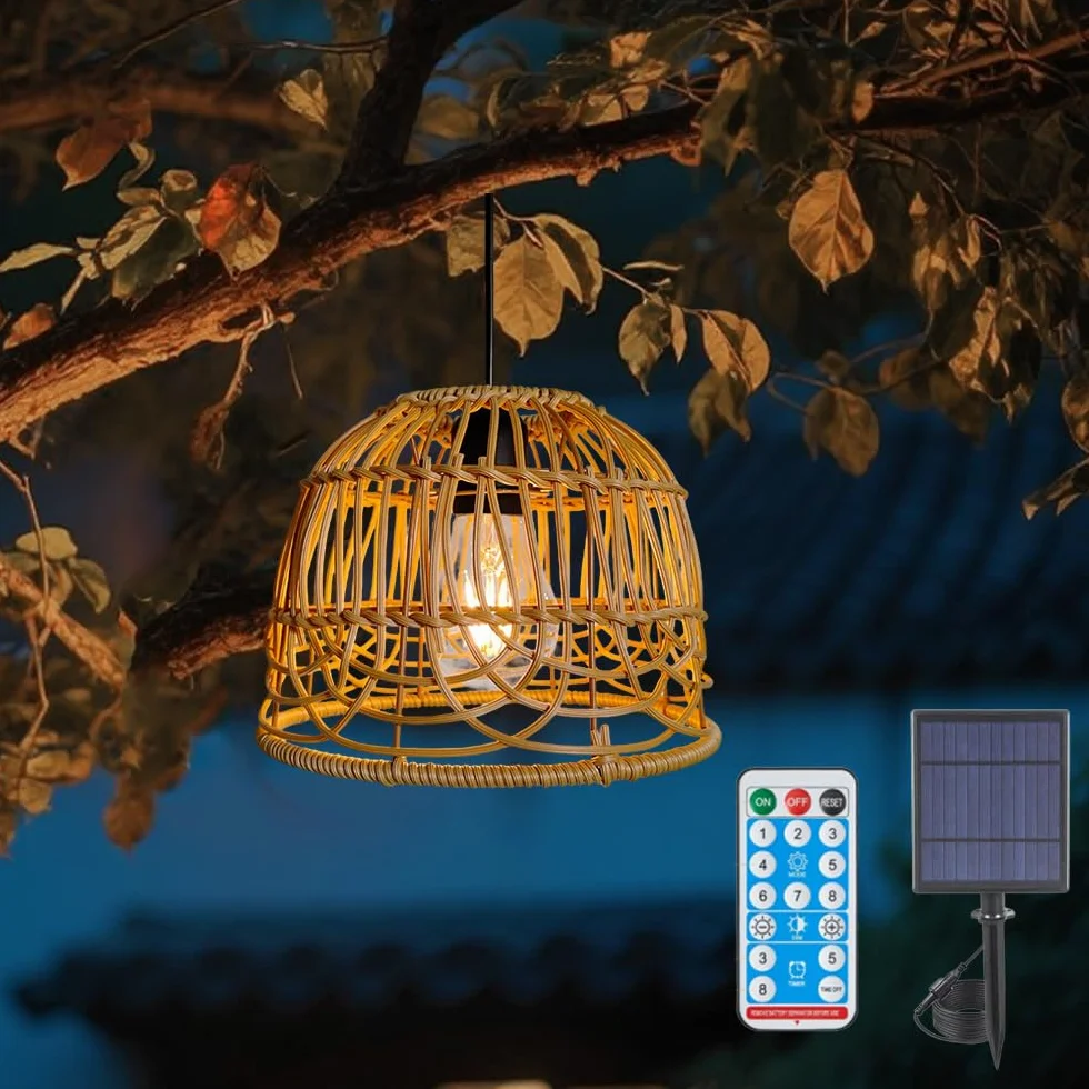 Suspension Bohème Solaire en Rotin Tressé Naturel IP44 LED Lumière Chaude