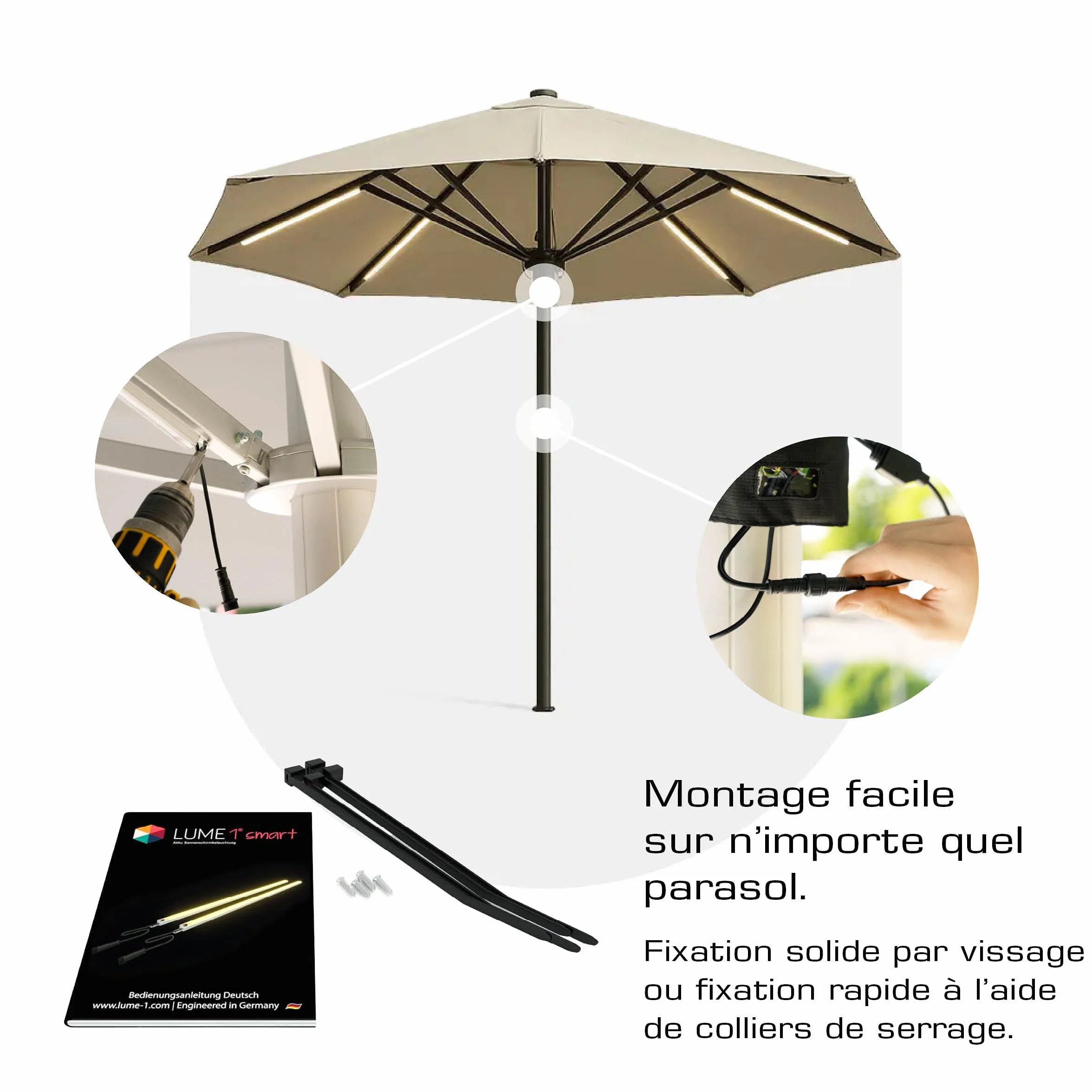 Éclairage pour parasol avec télécommande 2 bandes LED blanc chaud 1000 lumens 2700K batterie incluse lot de 2