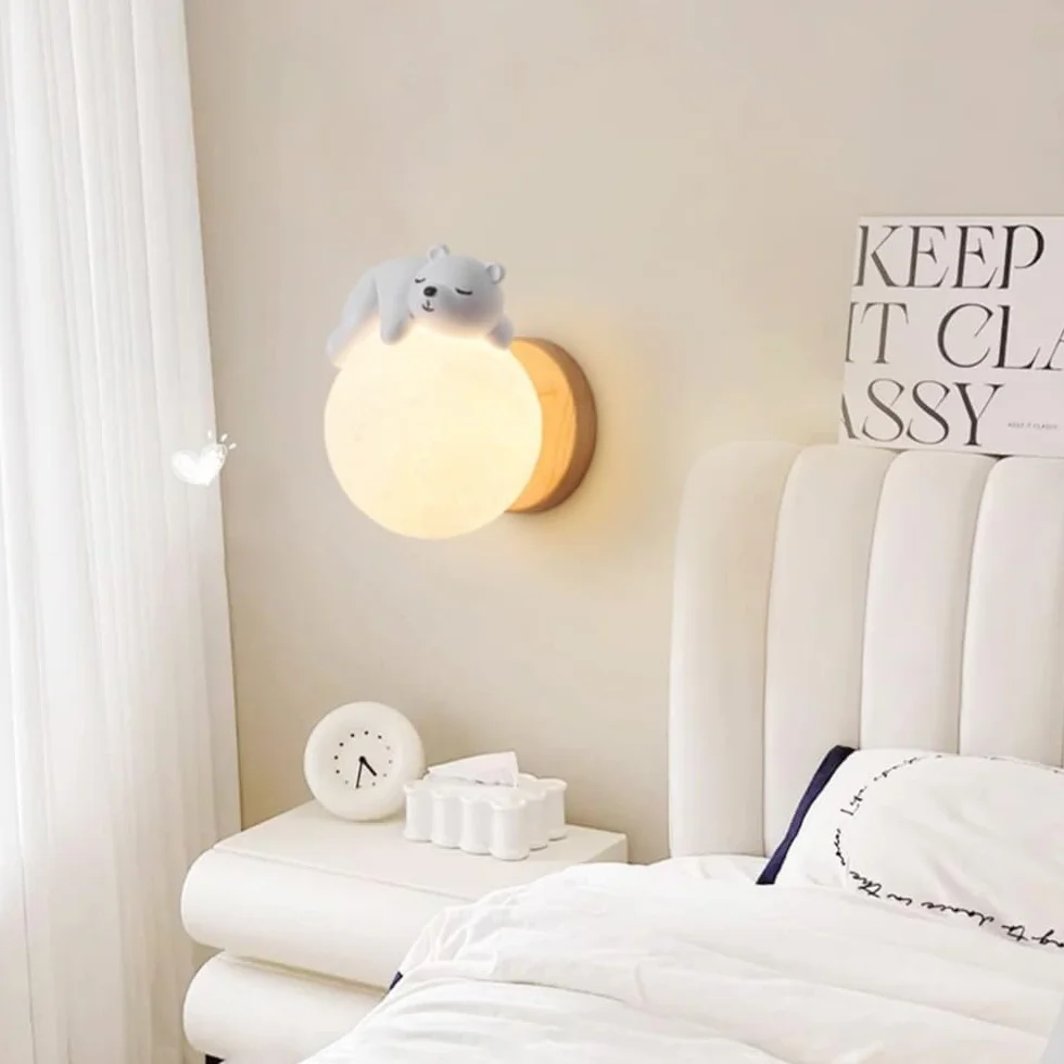 Applique Murale Chambre d'Enfants Lune Moderne Bois Résine Ours Abat-Jour PLA G9 Créatif Chevet Décor Luminaire
