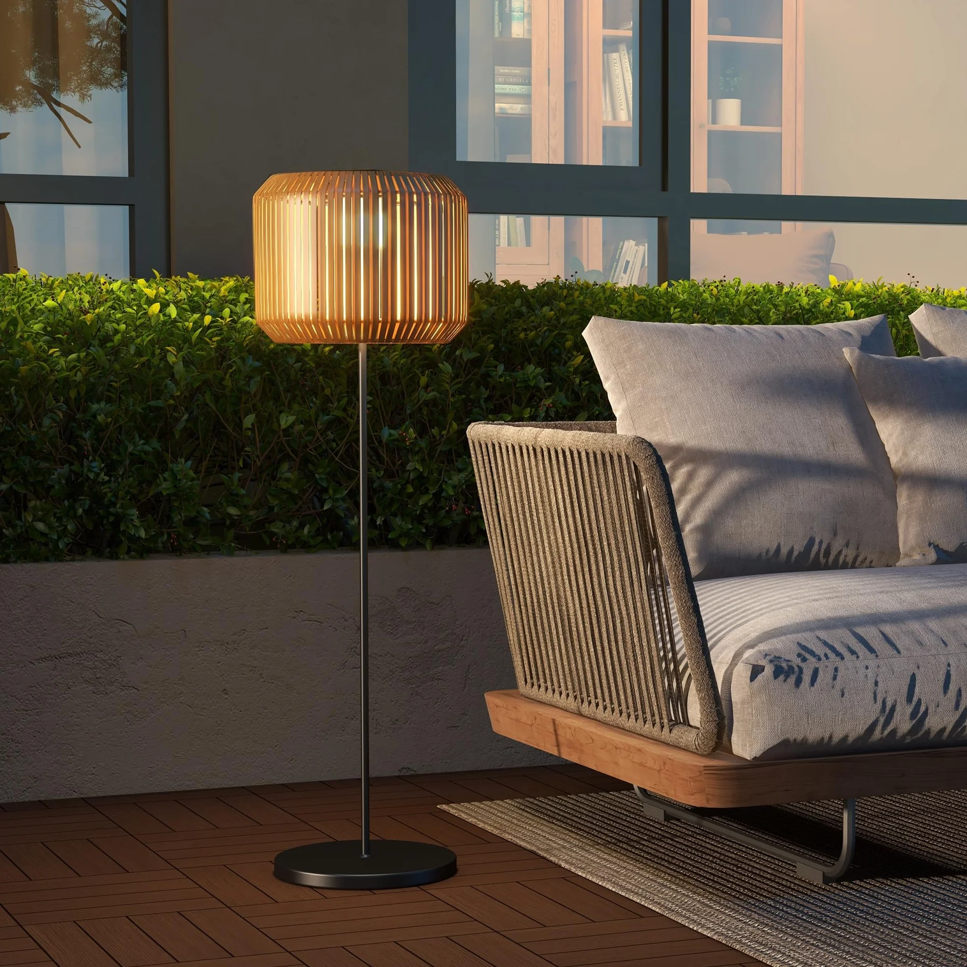 Outsunny Lampadaire solaire extérieur en résine tressée, rechargeable avec capteur lumière, LED étanche, 130 cm, jaune