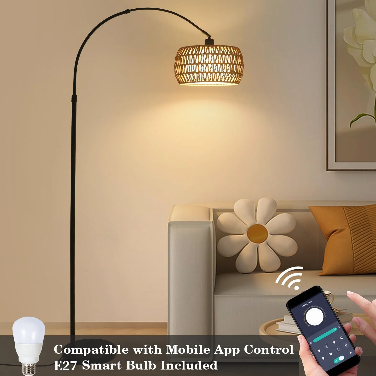 Rayofly Lampe à Arc Vintage avec Abat-Jour en Rotin, Télécommande et Ampoule LED, Contrôle par Application