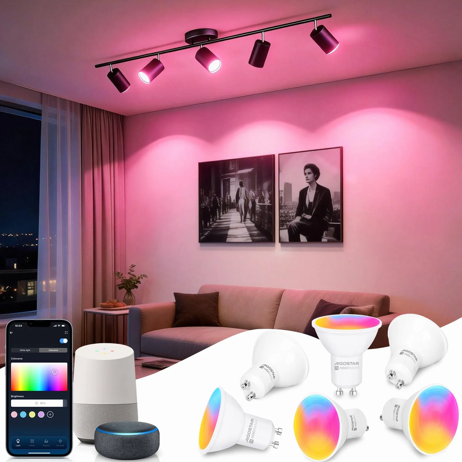 Aigostar Ampoule Connectée WiFi LED GU10 7W 555LM RGB 2700K-6500K Compatible Alexa Google Home 6 Unités