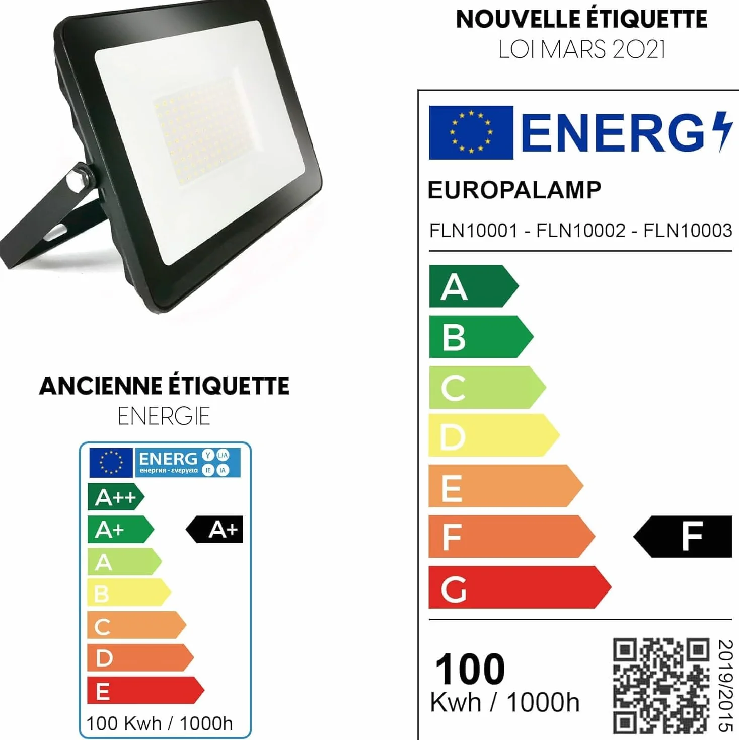 Europalamp Projecteur LED 100W Blanc 6000K Blanc froid