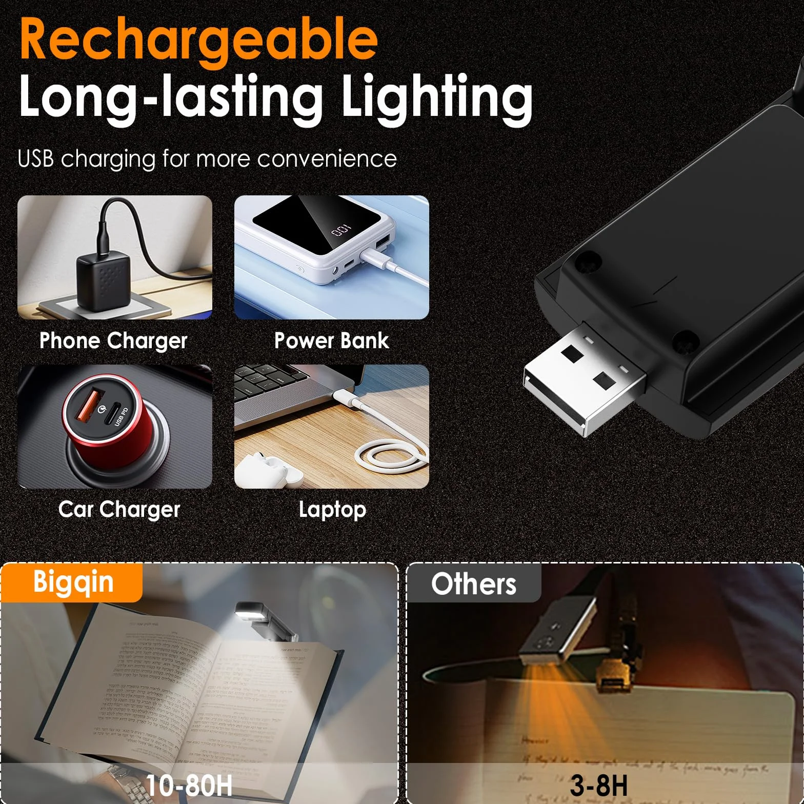 Lampe de lecture portable rechargeable USB 3 modes couleur 5 luminosités variable Noir