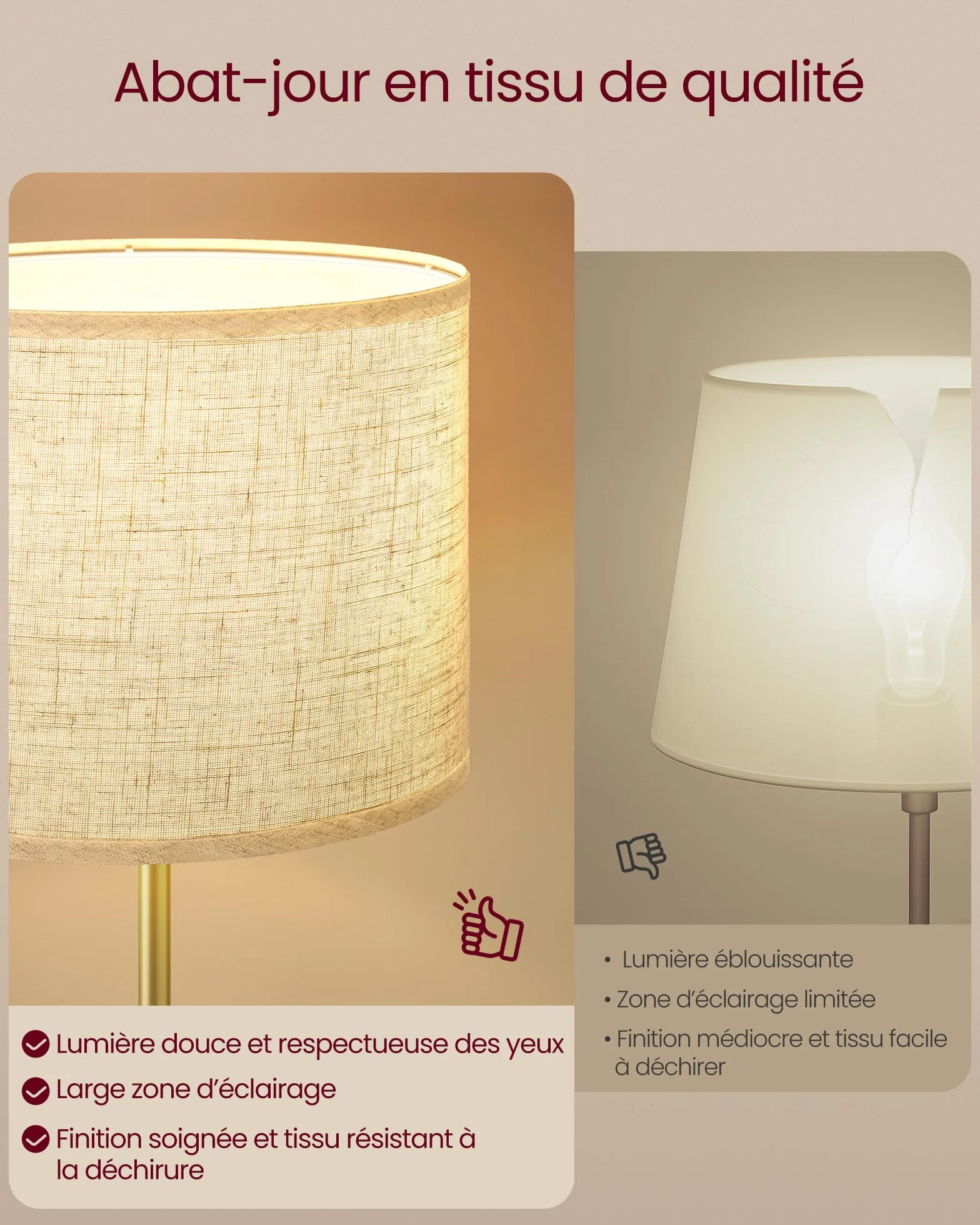 VASAGLE Lampadaire 140-170 cm E27 Doré Noir
