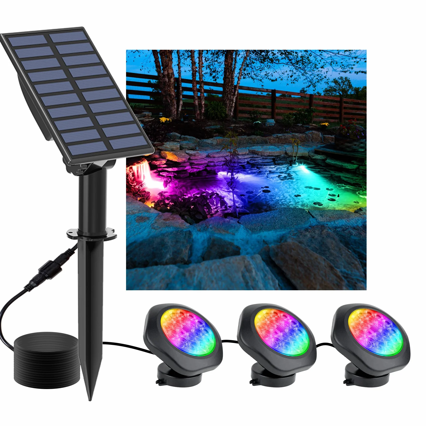 NATPOW Lampe Solaire de Bassin RGB 5.5V IP68 Étanche 6 Couleurs 3 en 1