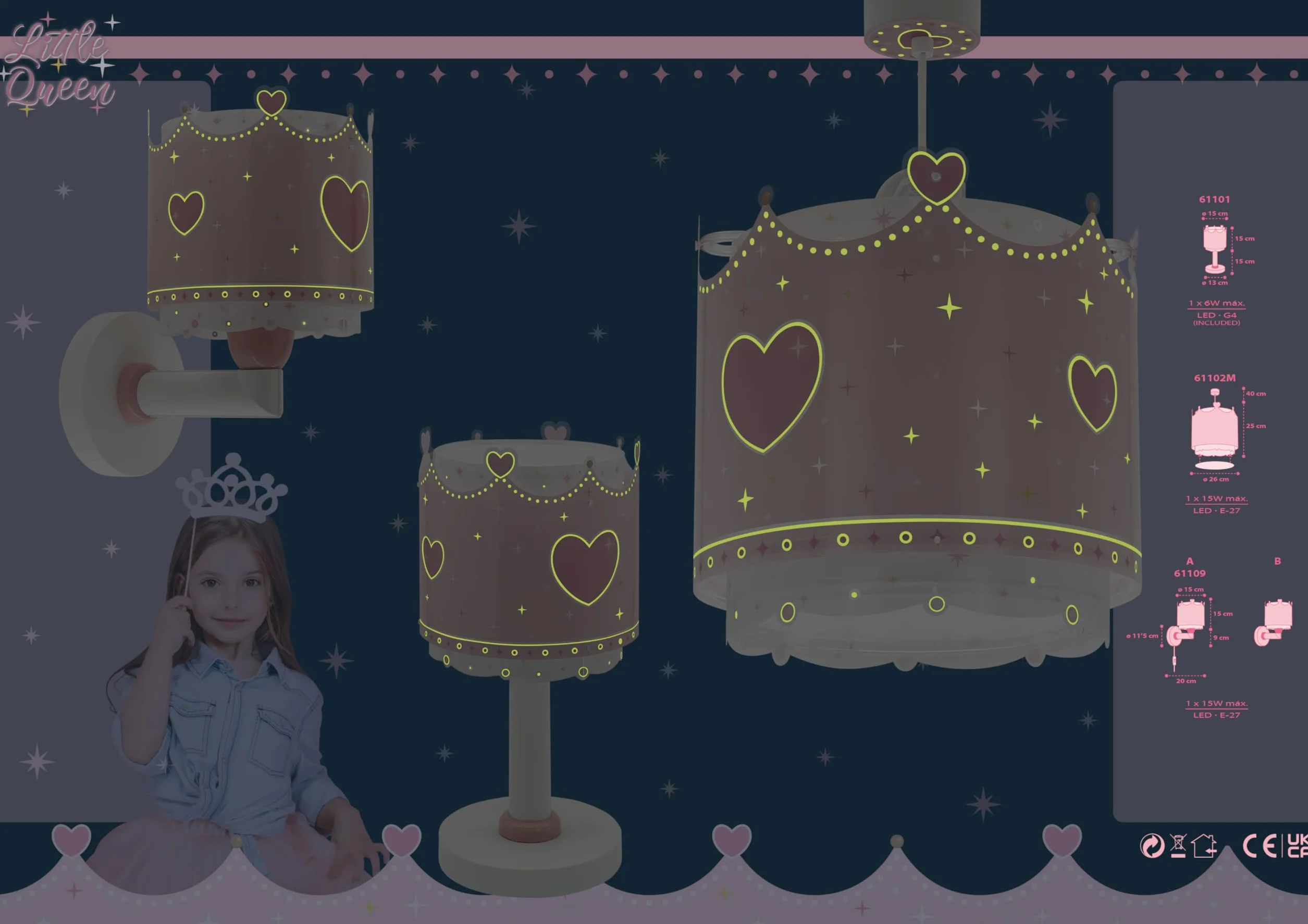 Dalber Lampe de chevet enfant Little Queen Reine Princesse Couronne G4 LED 4 W Rose