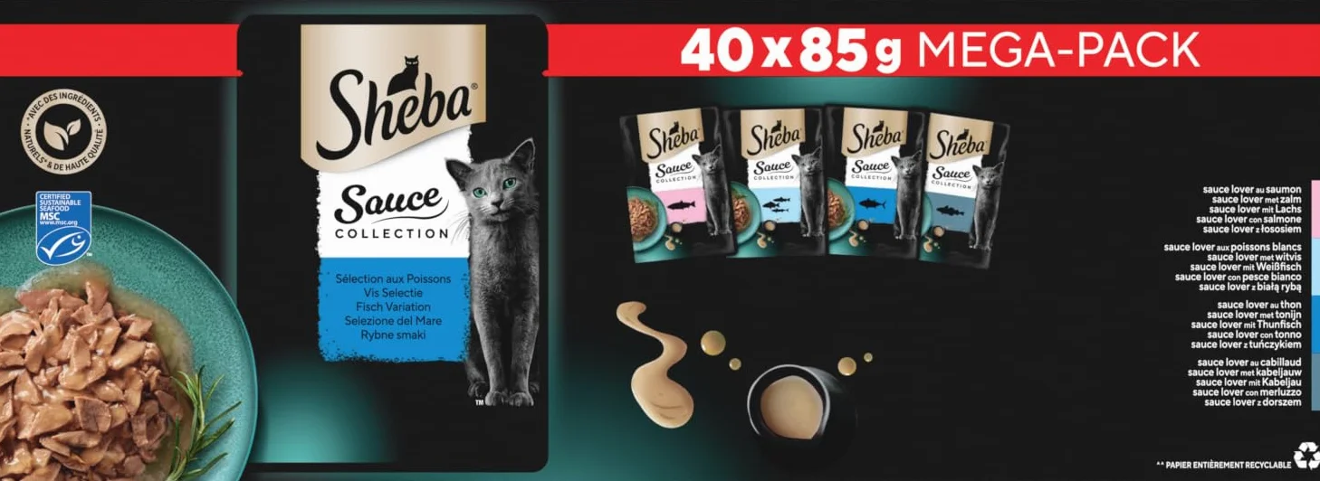 Sheba Sauce Collection Sachets fraîcheur Nourriture Humide aux Poissons pour Chat Adulte 40x85g