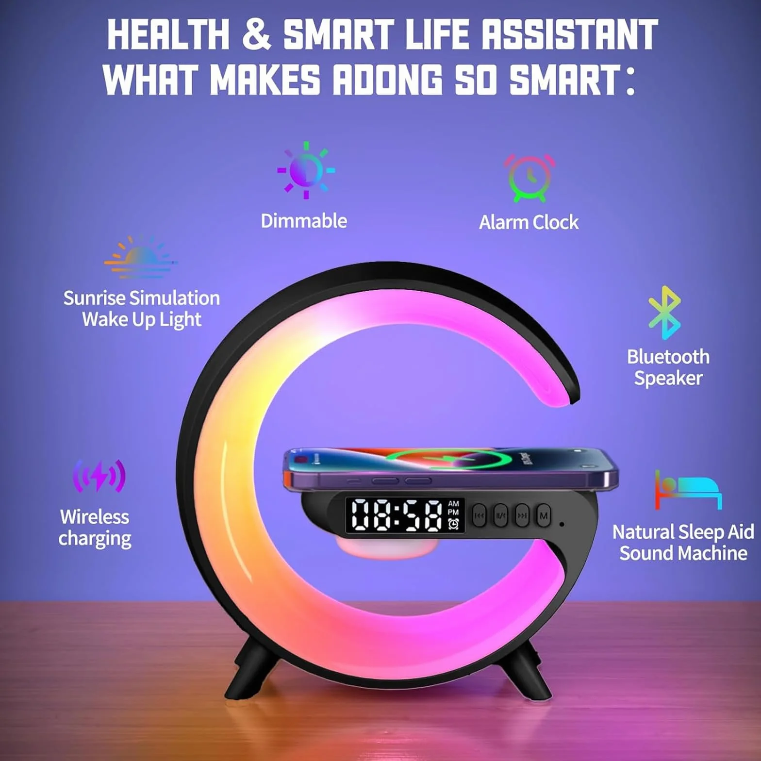 Lampe de Table Intelligente avec Charge Sans Fil et Haut-Parleur Bluetooth, Réveil Simulateur d'Aube Noir