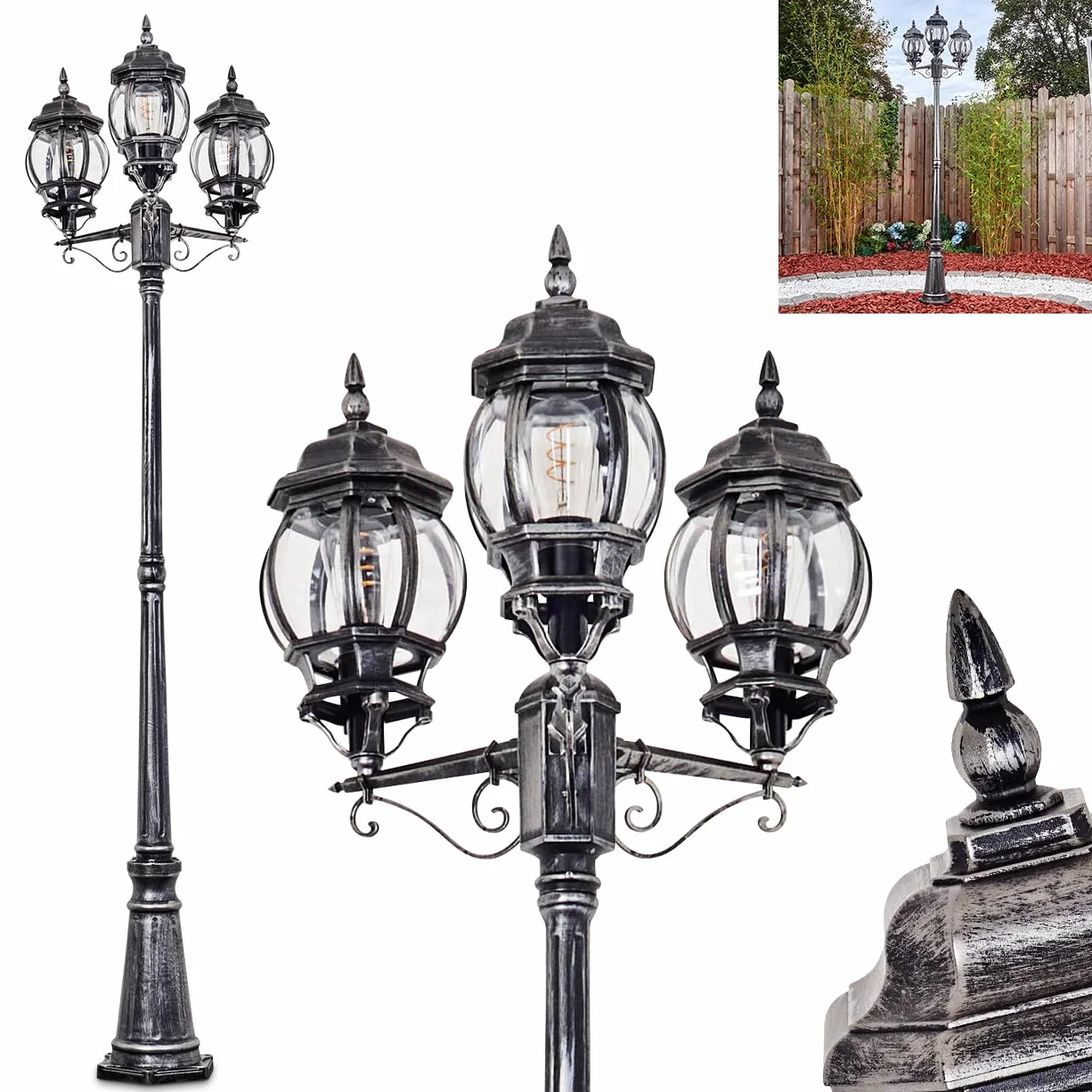 Candélabre Naofe HOFSTEIN extérieur métal verre noir argent transparent vintage 216 cm 3xE27 IP44