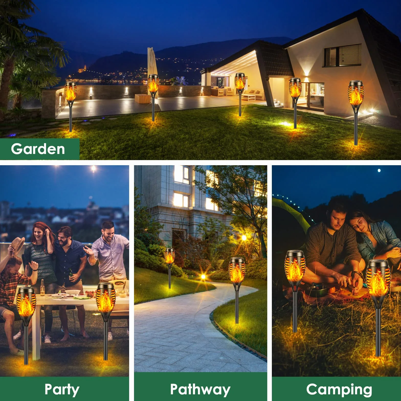 Lumières Flamme Solaire Exterieure 12 LED IP65 Lampe Solaire Torche Jardin Étanche