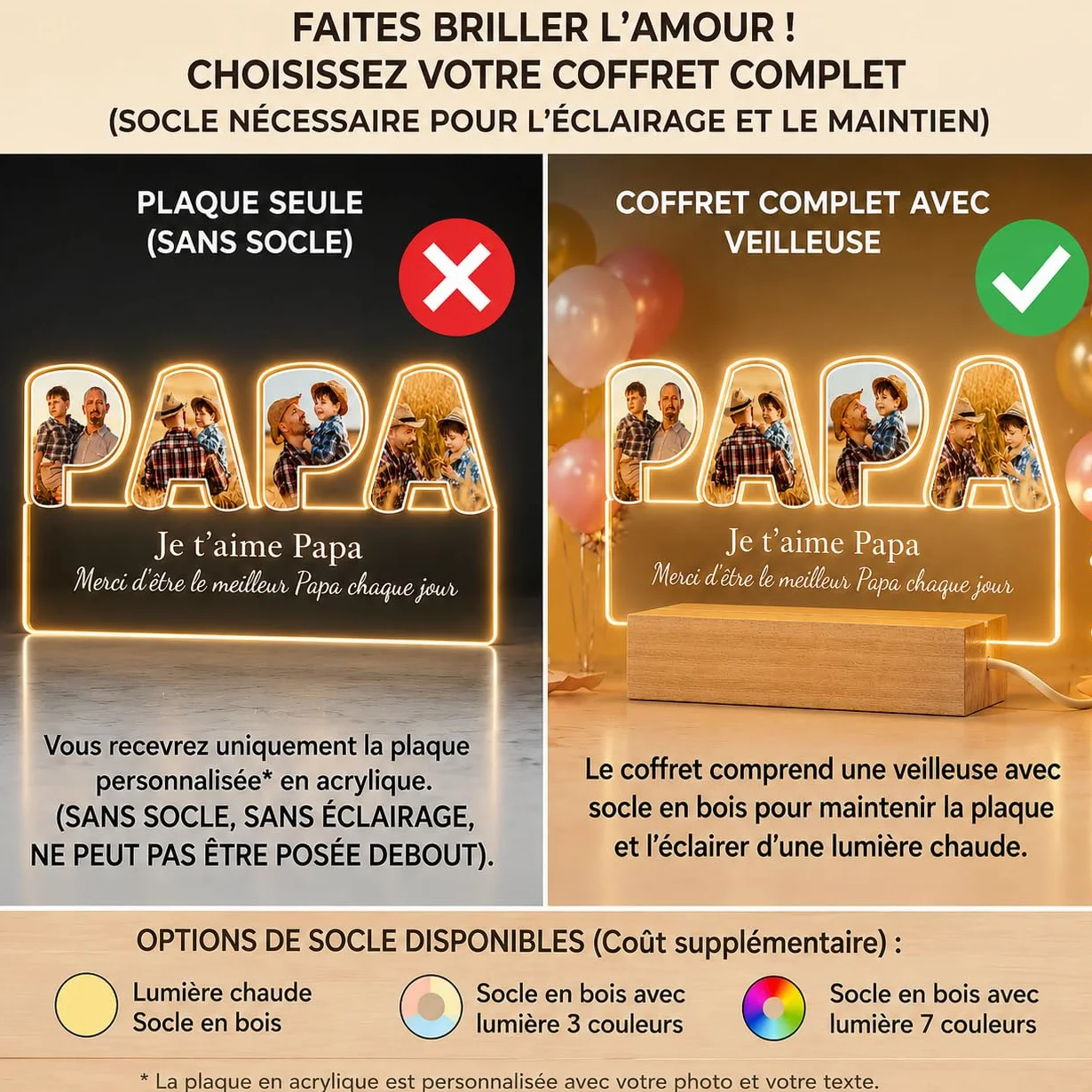 Bemaystar Lampe Personnalisé Cadeau Fête des Pères Cadre Photo pour Papa