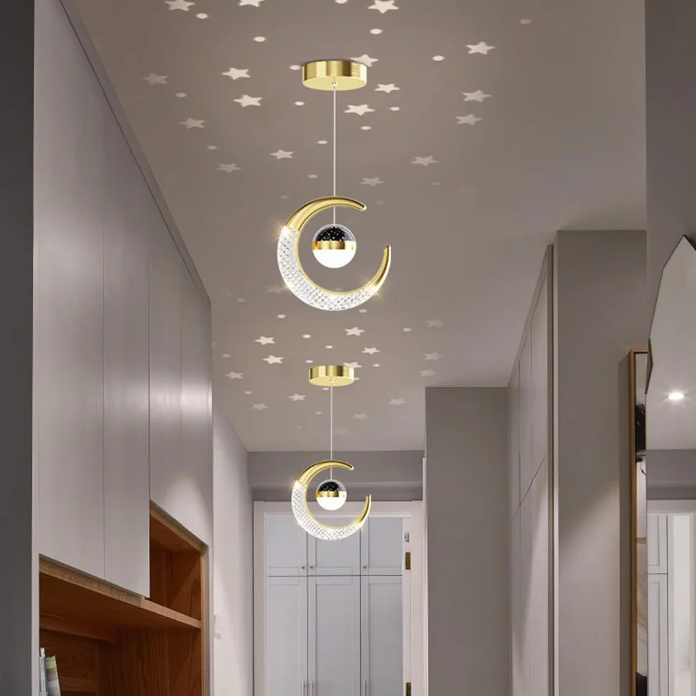 Plafonnier LED Lune et étoiles Lustre Chambre Enfants Doré