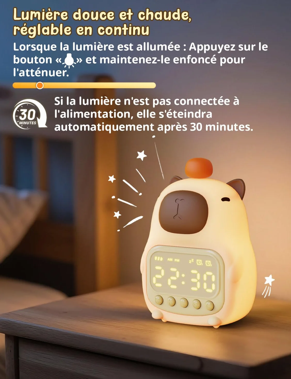 YISSVIC Réveil Enfants Capybara Veilleuse Silicone 2 Alarmes Fonction Répétition Affichage 12/24h Horloge Chevet