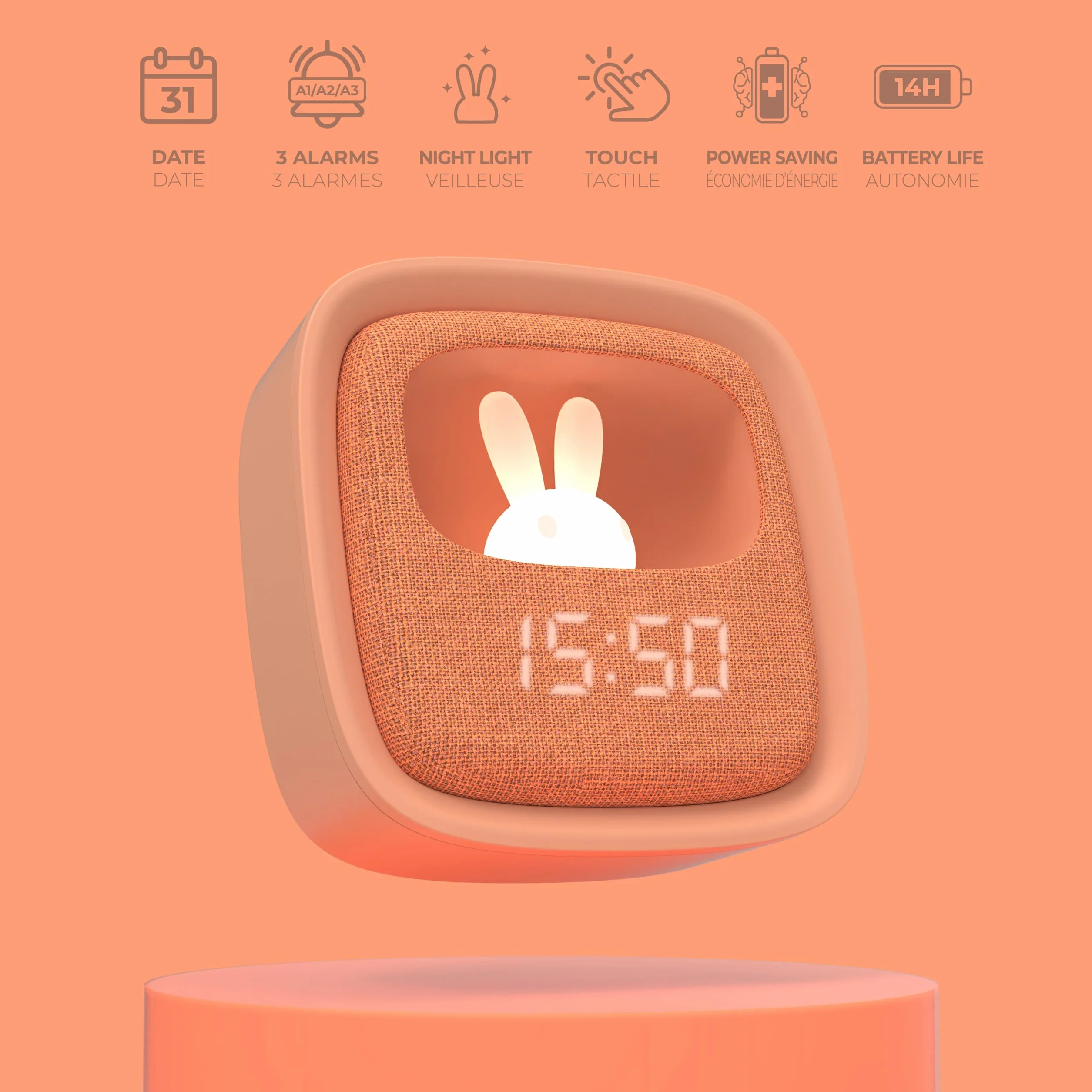 Billy Clock Réveil Veilleuse Enfant Lapin Tissu Plastique Soft-Touch Programmation Date Heure 3 Alarmes Marron