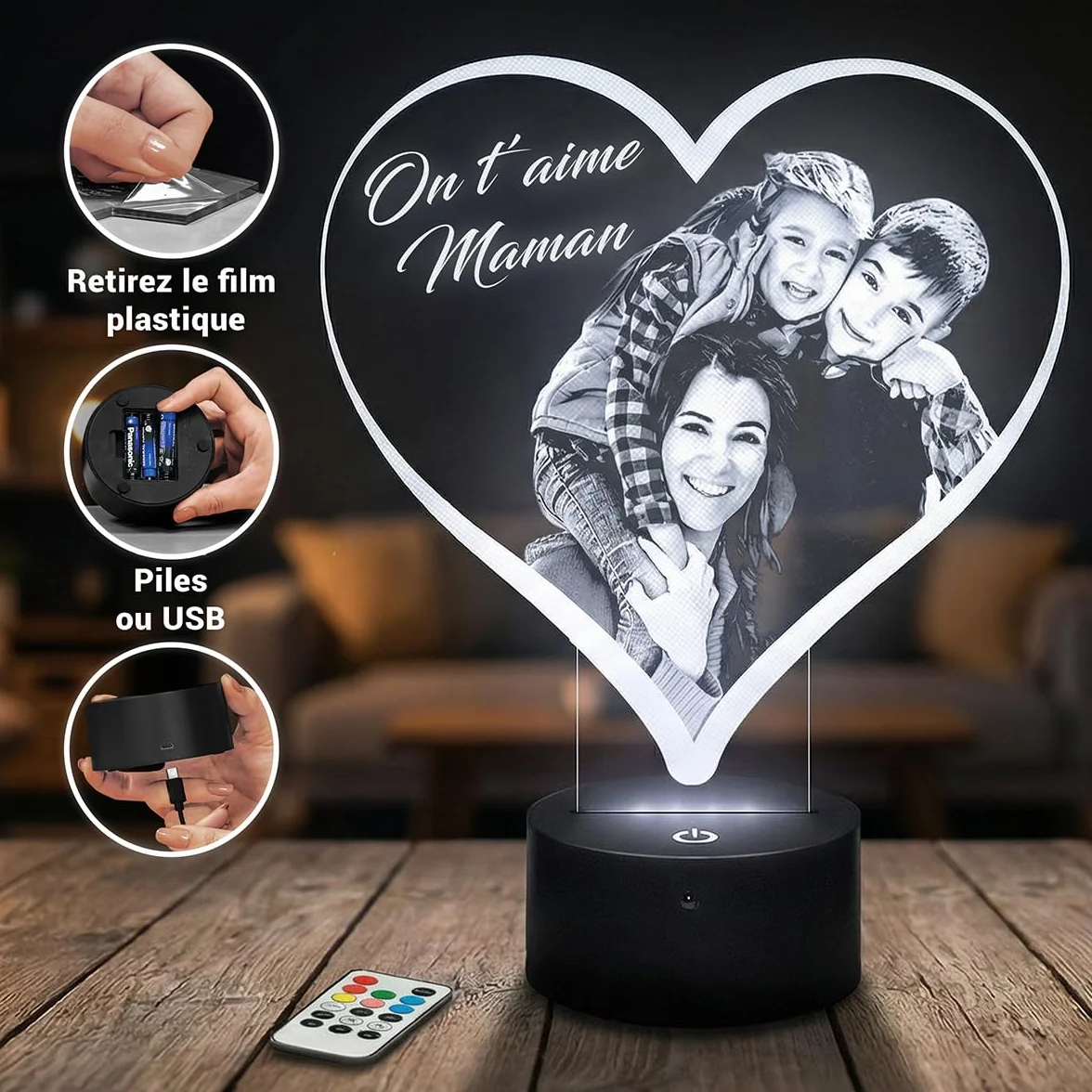 Lampe Photo Personnalisée Coeur, Cadeau Couple Personnalisé, Lampe de Chevet avec Photo et Texte