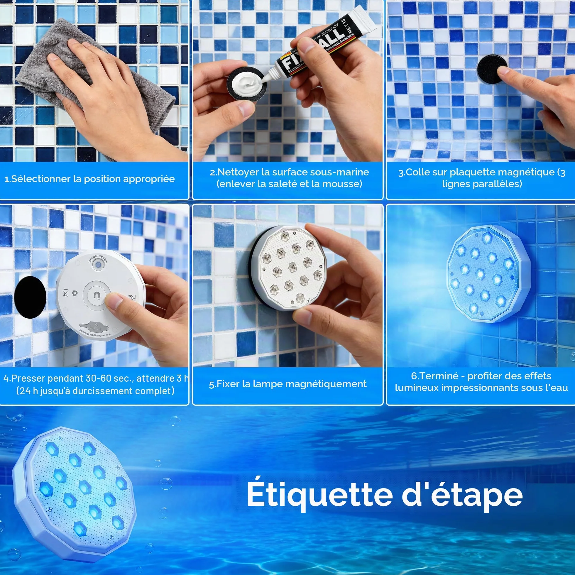 Ollny Lampe de Piscine Magnétique LED RGB Submersible Rechargeable IP67 avec Télécommande