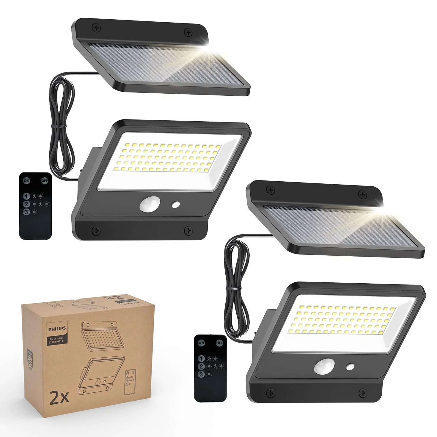 Philips Lampe de sécurité solaire d'extérieur LED 6500K projecteur mural étanche IP65 capteur de mouvement PIR télécommande 5 mètres 3 modes