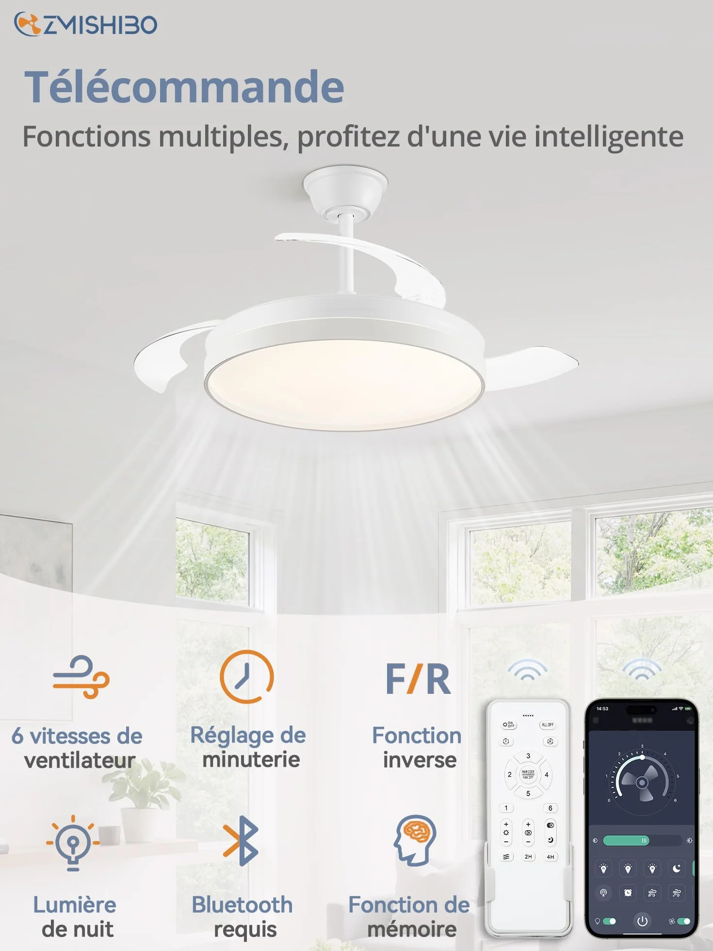 ZMISHIBO Ventilateur de Plafond avec Lumière 107cm, Moteur DC Silencieux, 3000~6000K, 6 Vitesses, Télécommande + APP