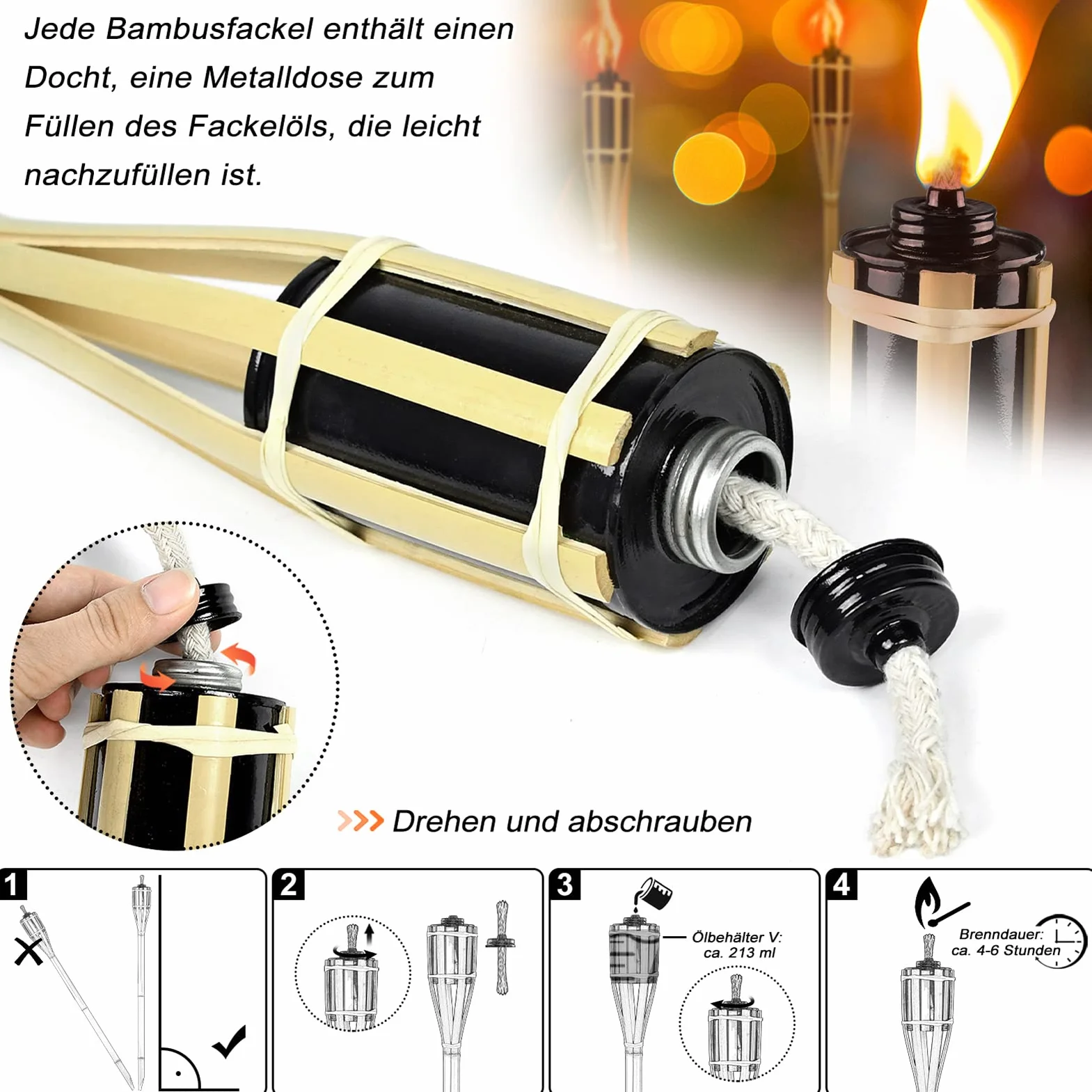 Lot de 36 torches de jardin 90 cm en bambou à huile pour extérieur