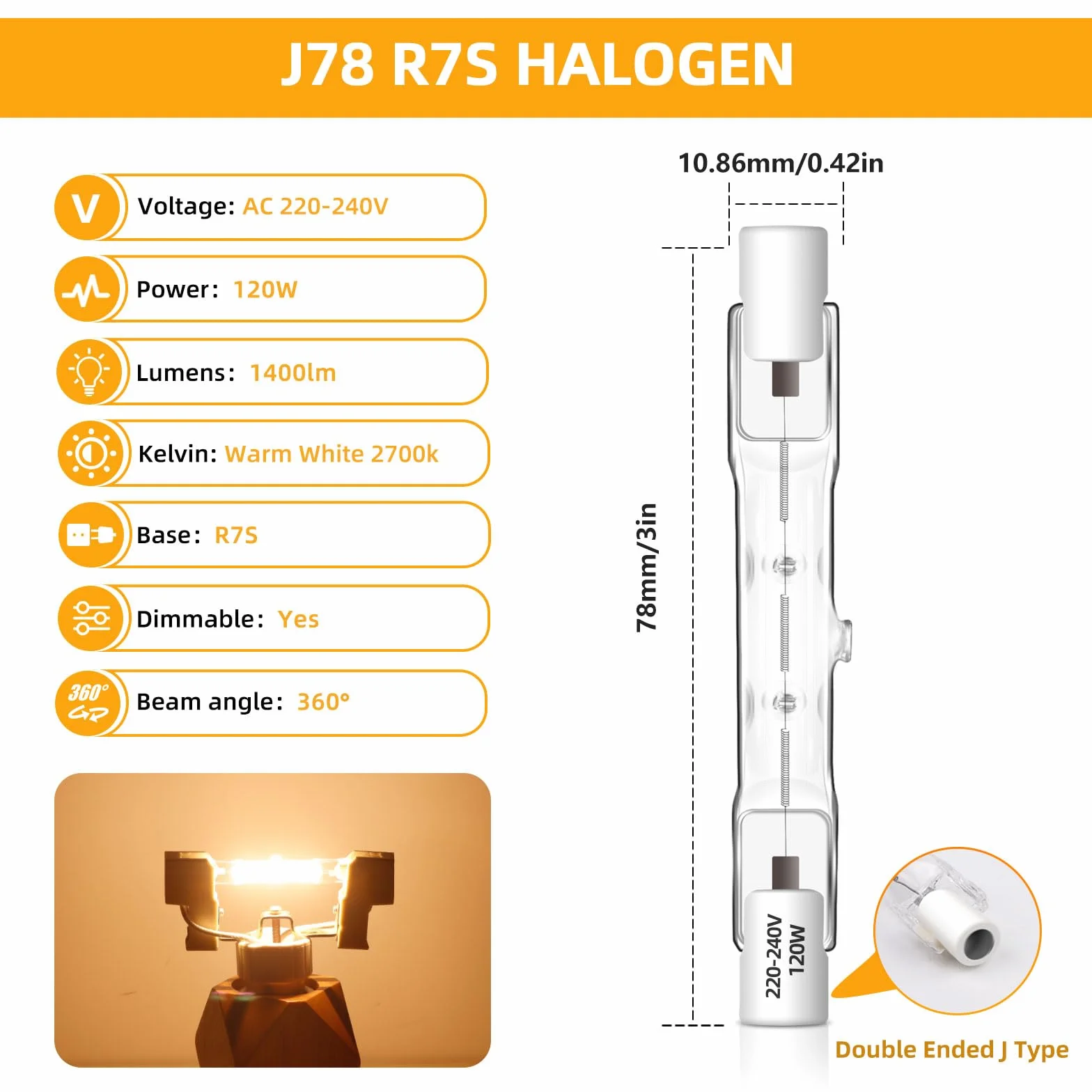 Ampoule Halogène R7s 78mm 120W Dimmable 230V 1800LM 2700K Blanc Chaud Lot de 2