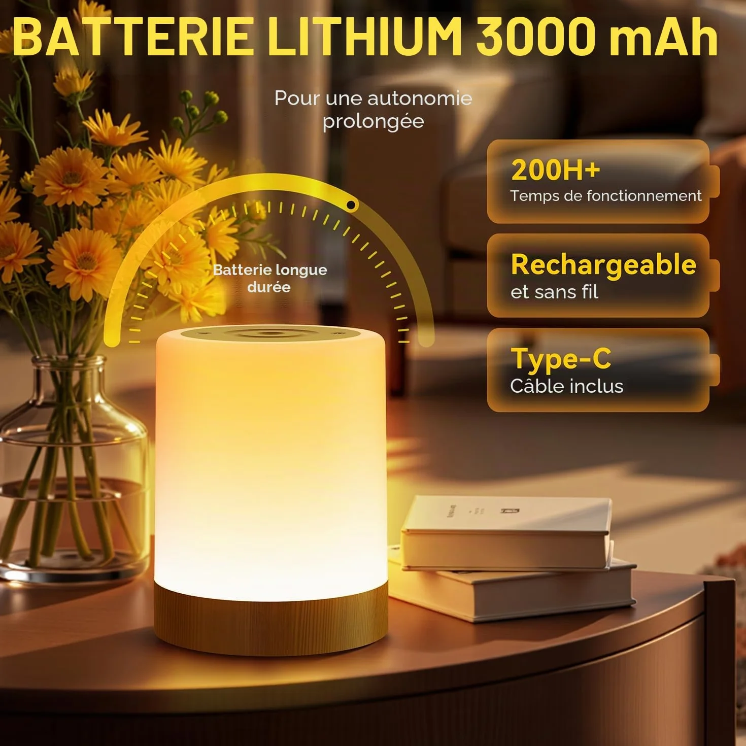 Auxmir Lampe de Chevet LED 256 Couleurs RVB, Veilleuse sans Fil avec Minuteur, 3000mAh Rechargeable USB