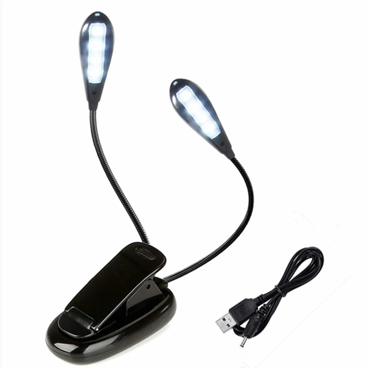 Lampe de Lecture Deux Têtes Liseuse Lampe Clip 8LED 2 Mode Luminosité Réglable 360° Cou Flexible Portable Veilleuse