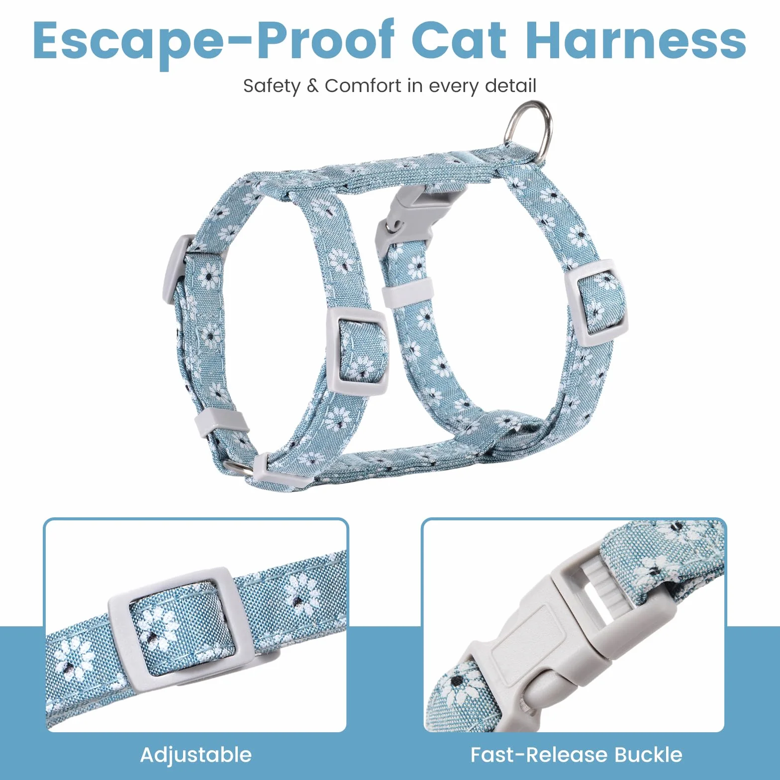 PETTOM Harnais Laisse Chat Anti Évasion Réglable avec Laisse Corde 145 cm pour Chaton Chat Adulte Bleu