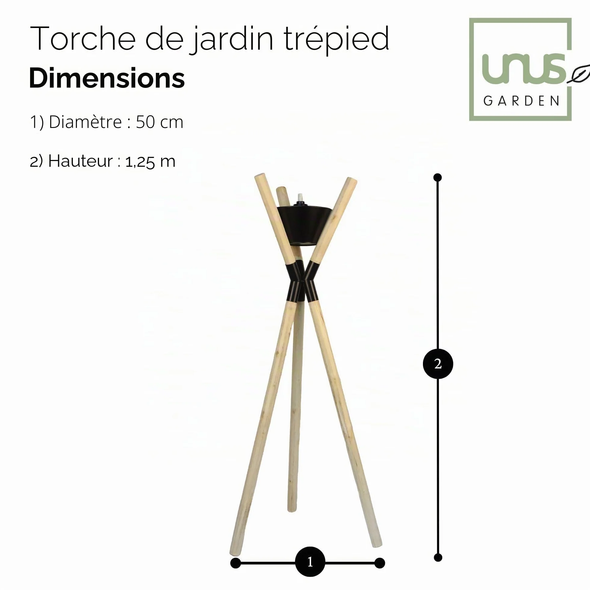 Torche de jardin UNUS avec trépied en bois et métal noire