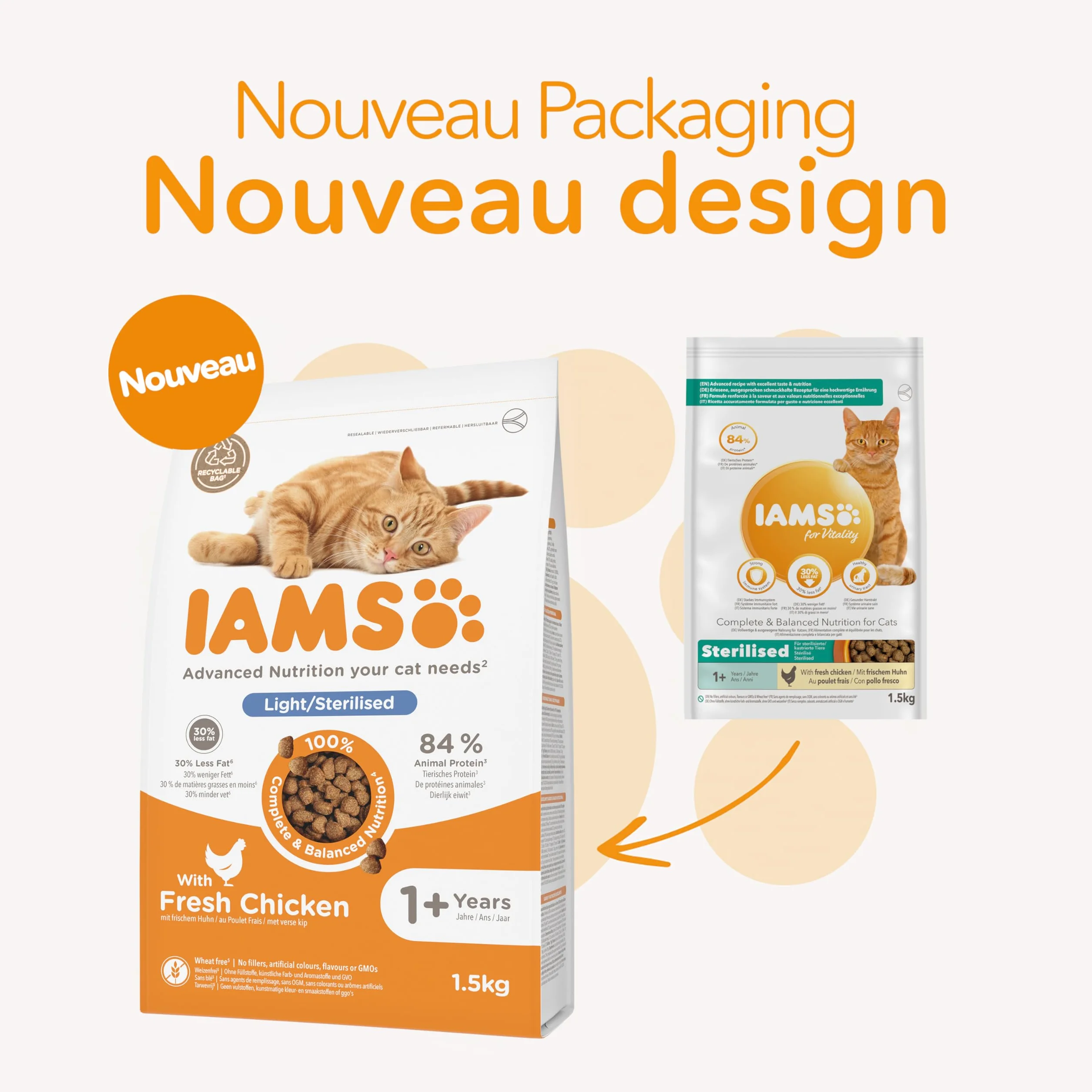 IAMS Advanced Nutrition Croquettes Allégées pour Chats Stérilisés au Poulet Frais 1,5 kg