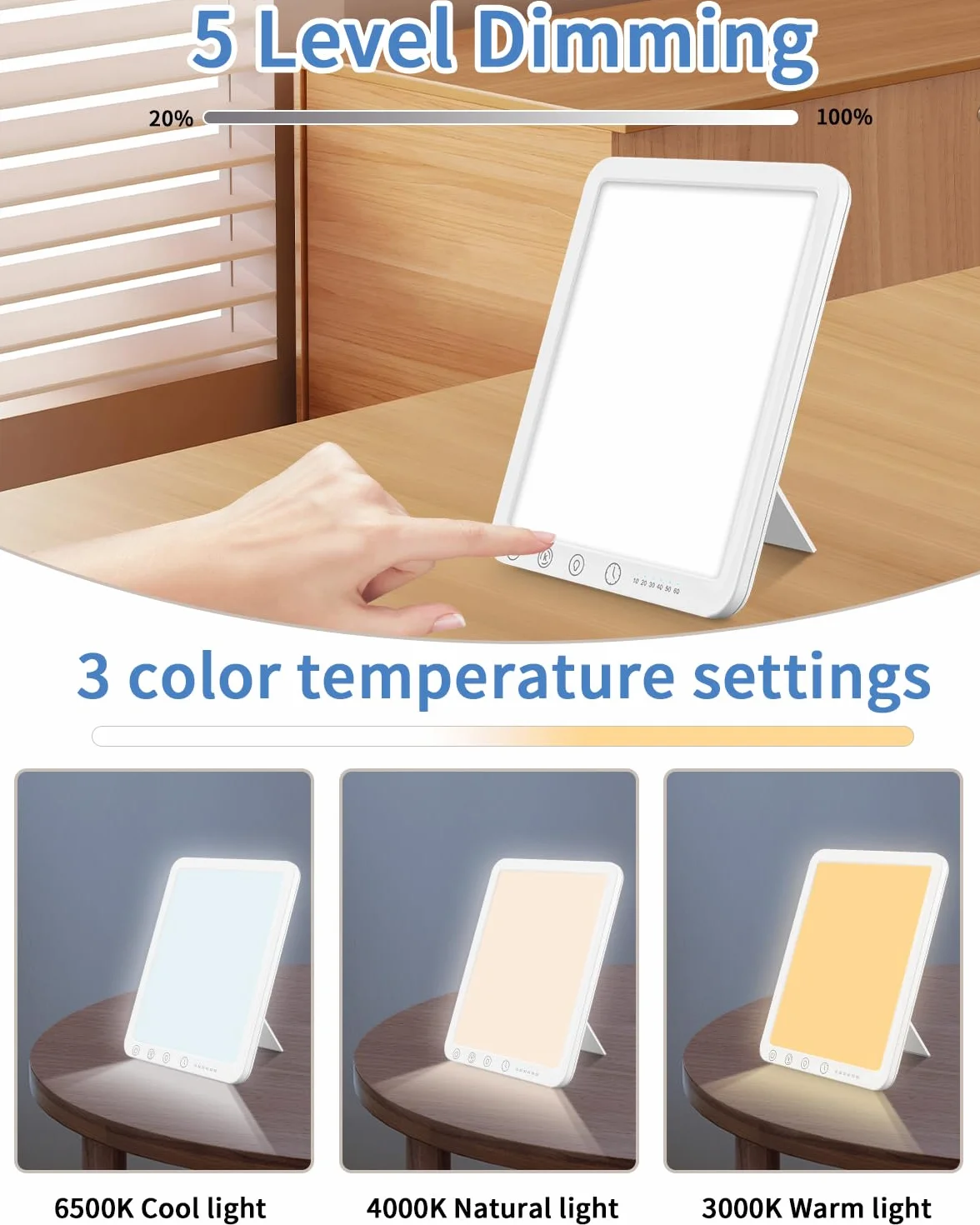 Lampe de luminothérapie 10 000 LUX LED 3 températures de couleur 10 niveaux de luminosité sans UV