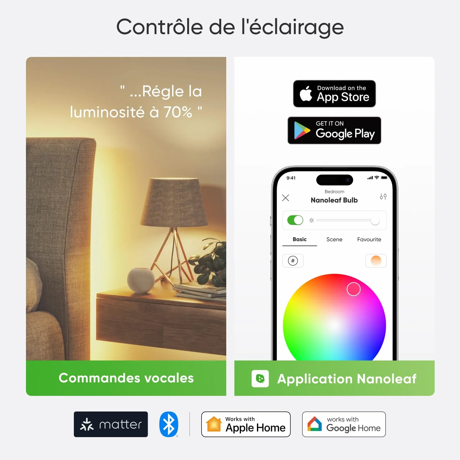 Nanoleaf Matter Essentials Pack de 2 Ampoules LED E27 Connectées RGBW, Lampes Intelligentes Compatibles Alexa Apple Google