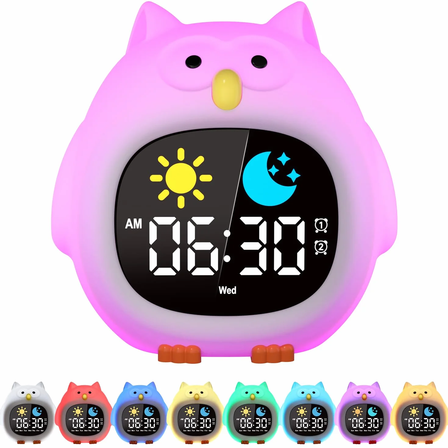 YISSVIC Réveil Enfant Éducatif Jour/Nuit 2 Alarme 12/24H Snooze Luminosité Réglable 7 Couleurs Réveil Matin Numérique