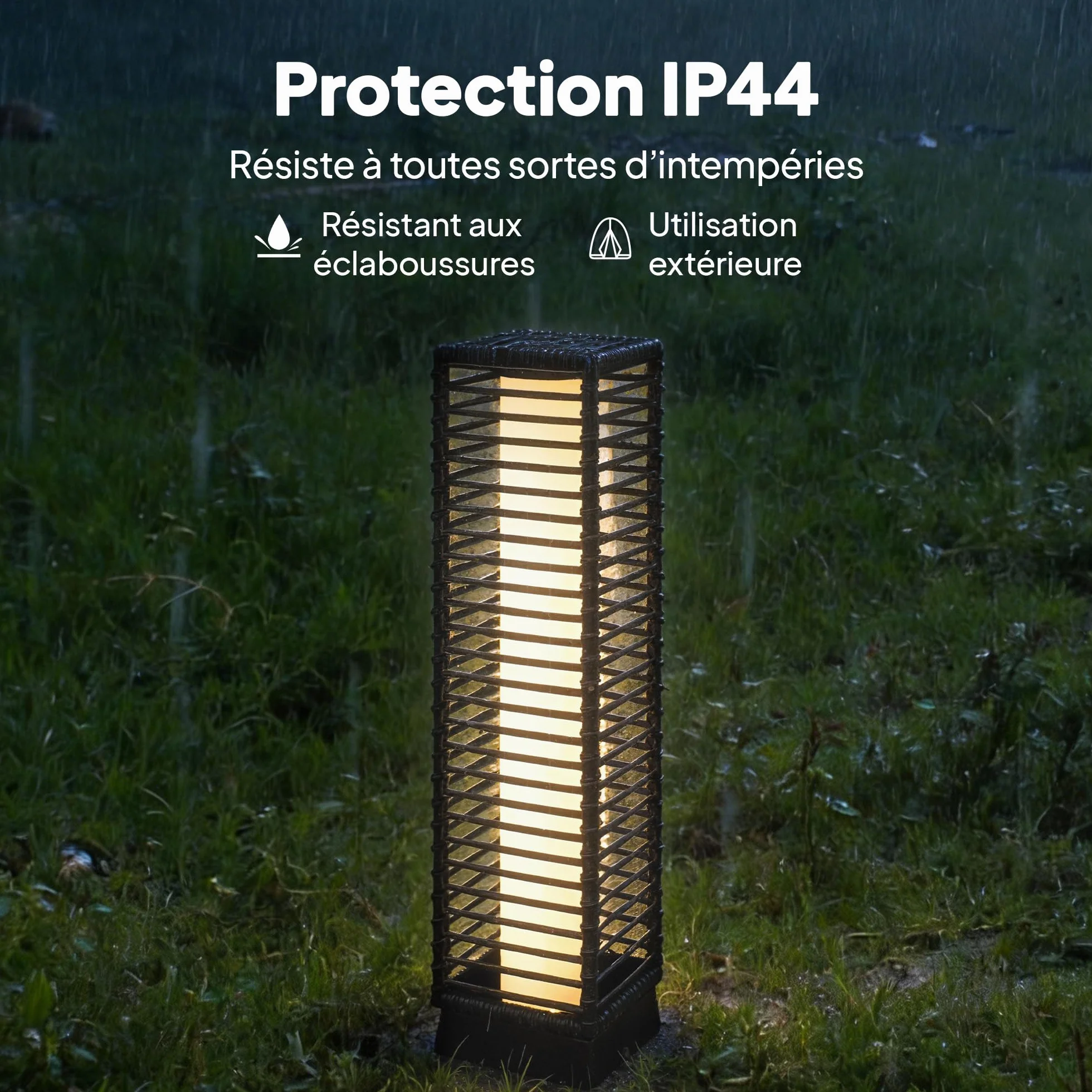 Outsunny Lanterne Solaire Extérieure Résine Tressée Noir Lampadaire sans Fil Rechargeable Capteur de Lumière LED