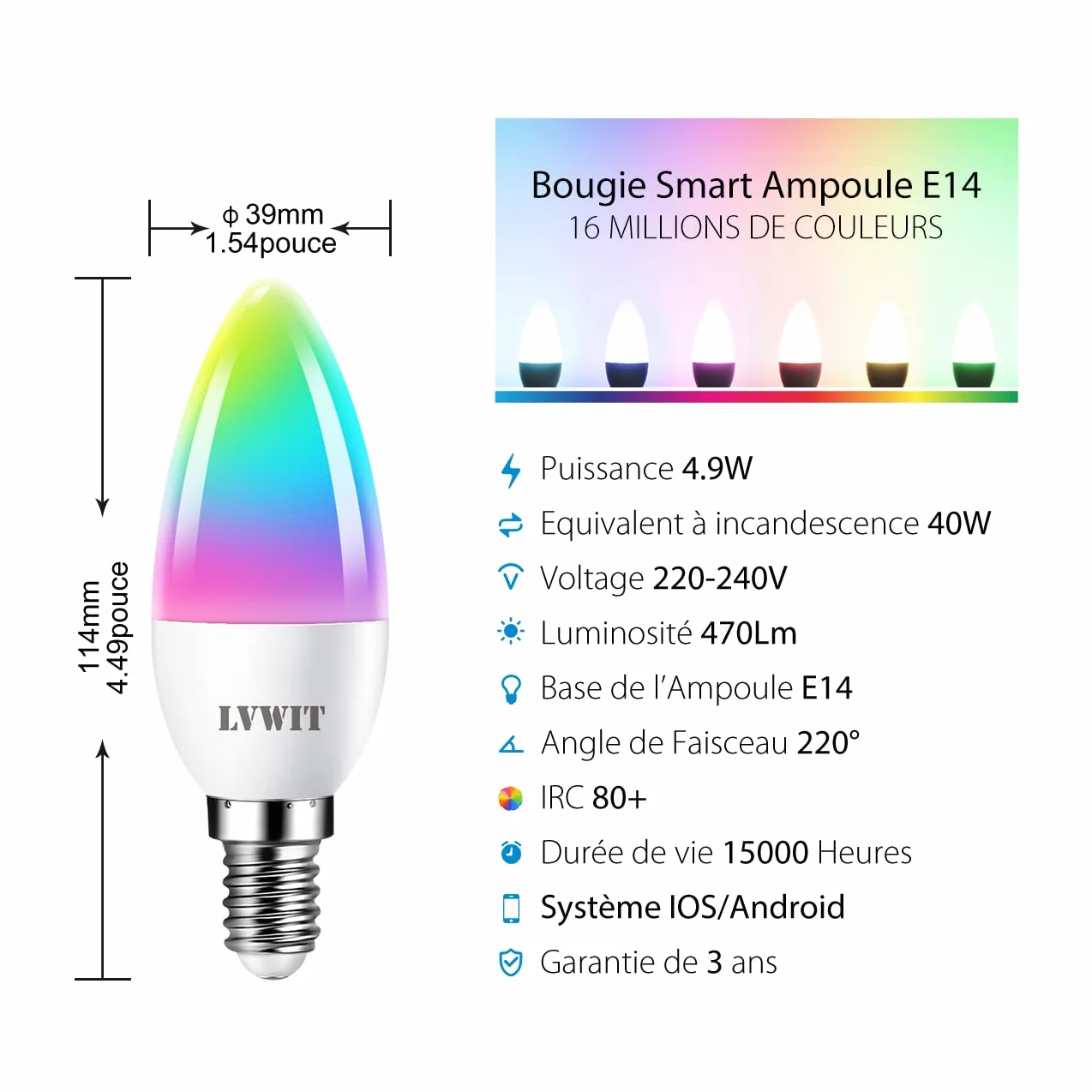 Ampoule Connectée E14 4.9W LED Bougie WIFI, Compatible Alexa Google Assistant, 470Lm, Lot de 4
