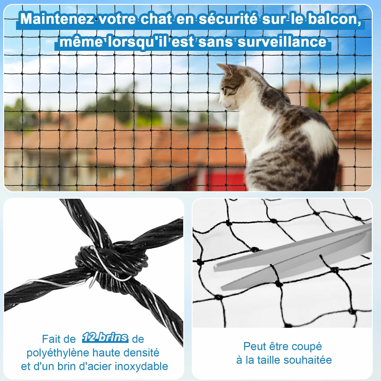 Filet Chat Balcon Renforcé 3x2M Protection Résistant Morsures UV