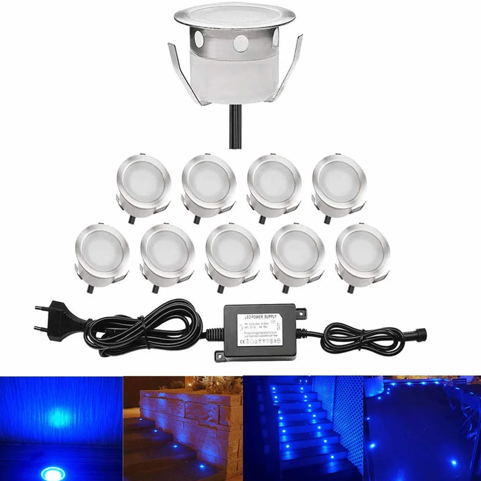 Mini Encastré LED Spot Terrasse Bois Etanche IP67 DC 12V Pack 10 Bleu