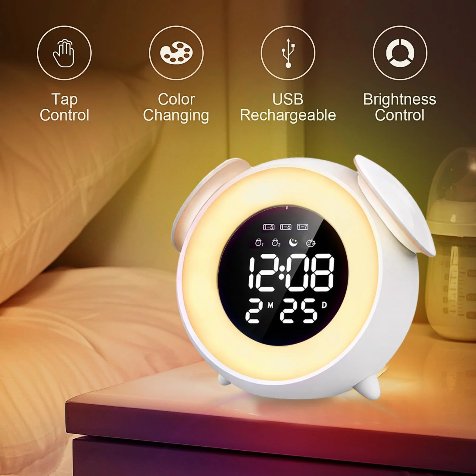 BORDEAG Réveil Enfants Entraîneur Sommeil Veilleuse 15 Couleurs Snooze Double Alarme 12/24