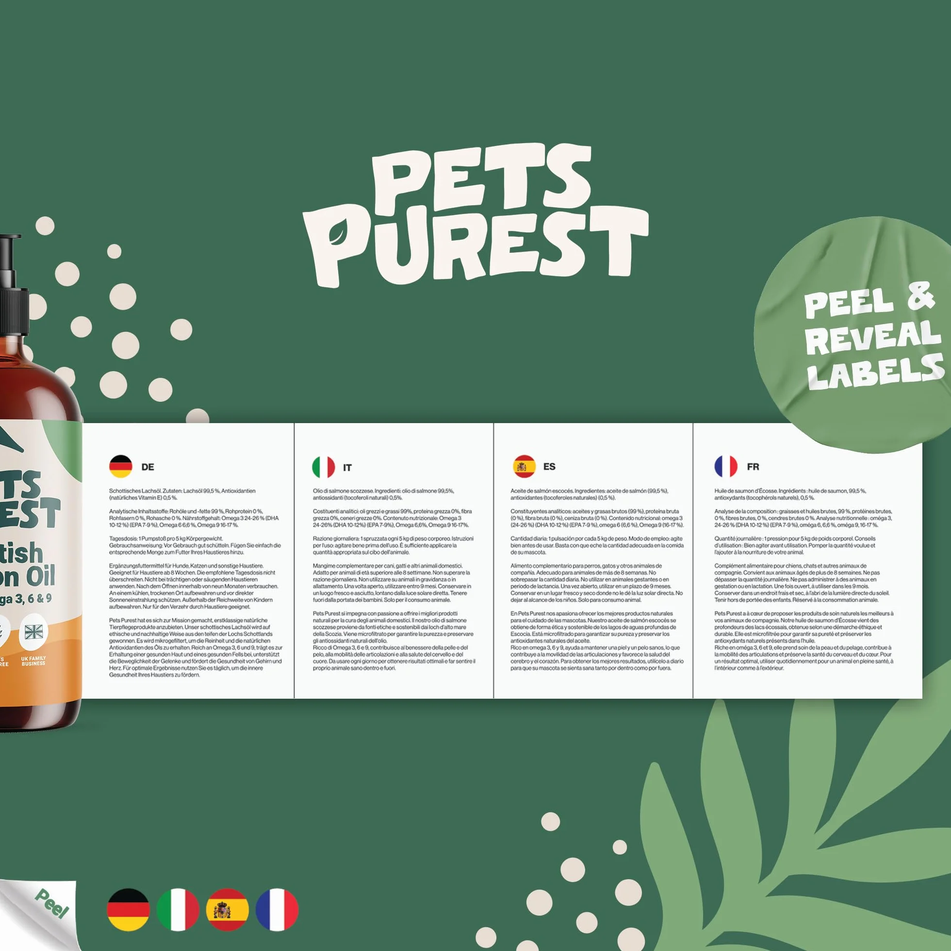 Pets Purest Huile de Saumon pour Chien et Chat 500ml Omega 3 6 9 Vitamine E