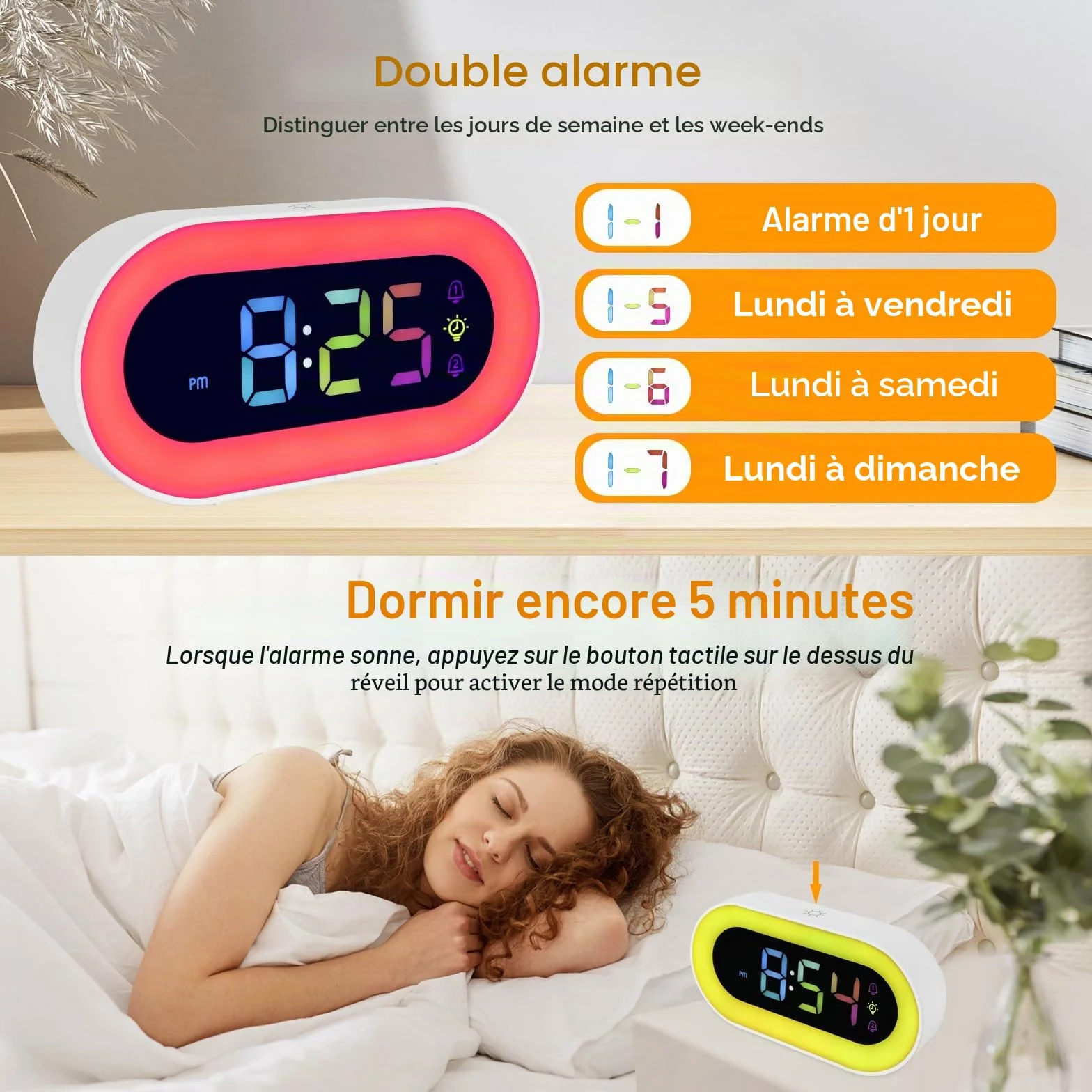 Réveil Lumineux pour Enfants Double Alarme 18 Sonneries Mode Sieste 12/24H 5 Niveaux Volume Veilleuse 9 Couleurs