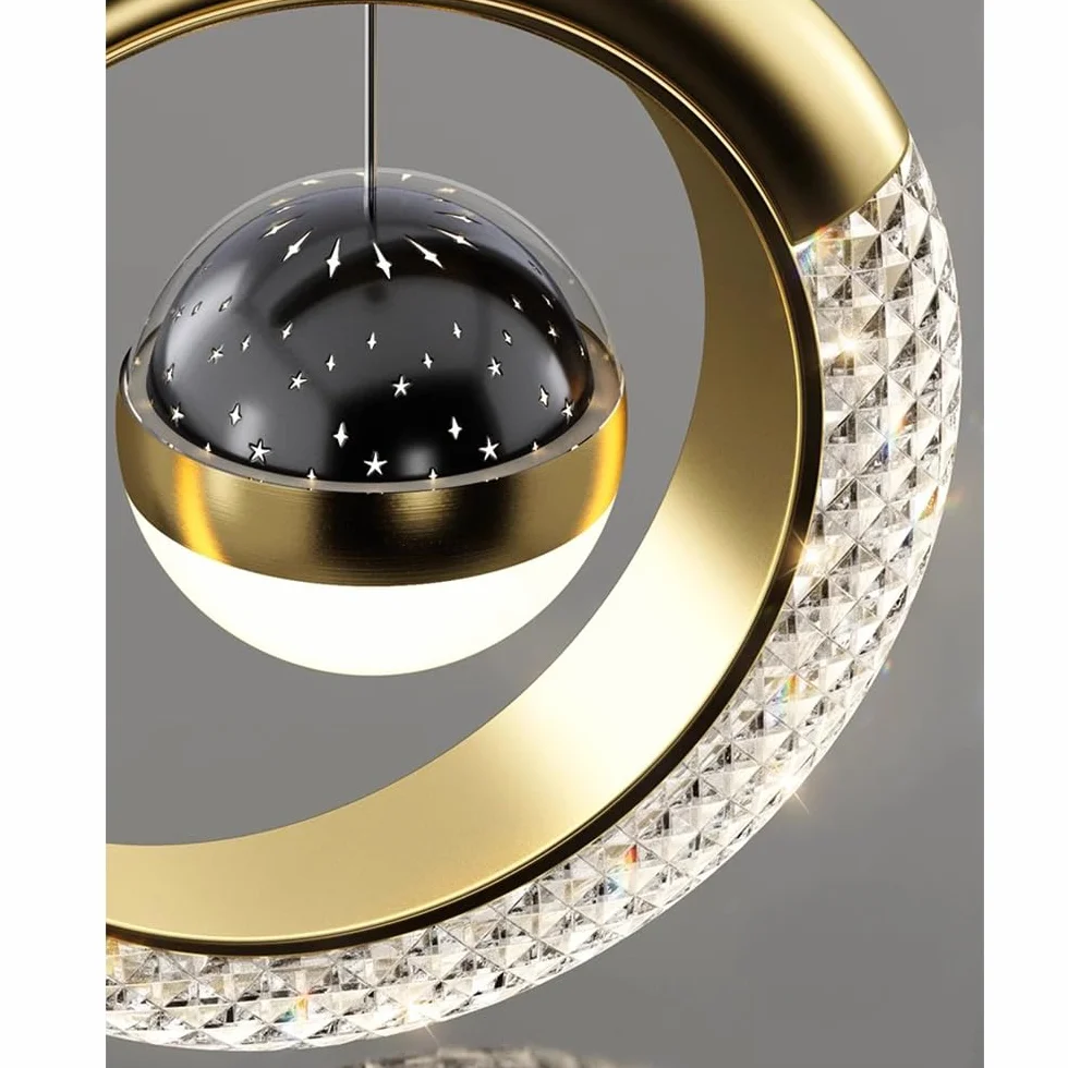 Suspension Luminaire Lune LED 10W Lustre Plafonnier Projection Étoiles Chambre Enfant Café Bar Restaurant Lumière Chaude Dorée