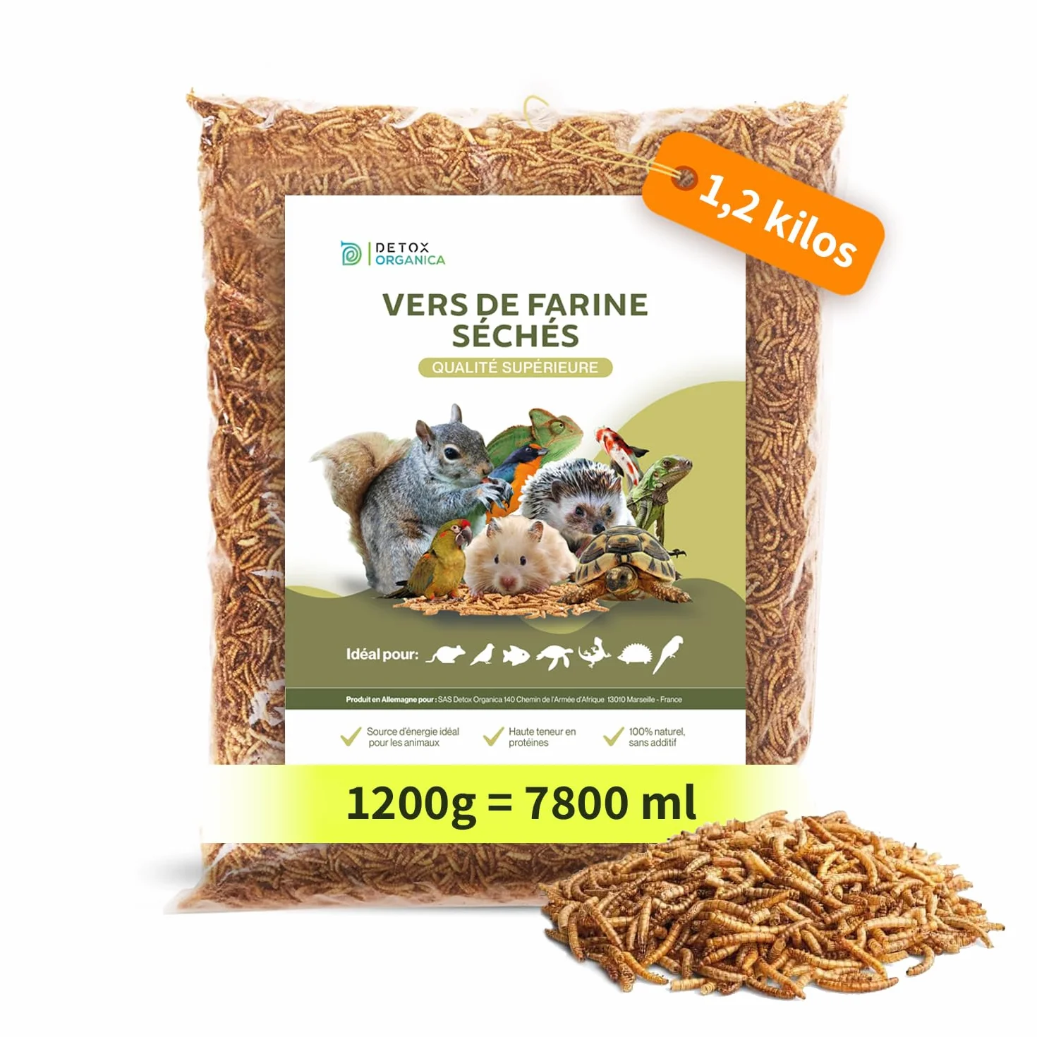 Detox Organica vers de Farine Séchés 1.2 kg 1200 g Friandise Oiseaux Hérissons Tortues Reptiles Poissons Rongeur Animaux Sauvages