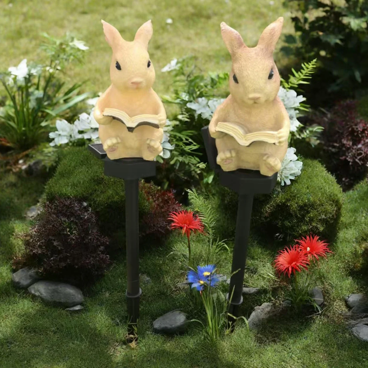 Lumières de lecture lapin solaires, lampe de sol animal résine décorative jardin, LED imperméables crépuscule à l'aube