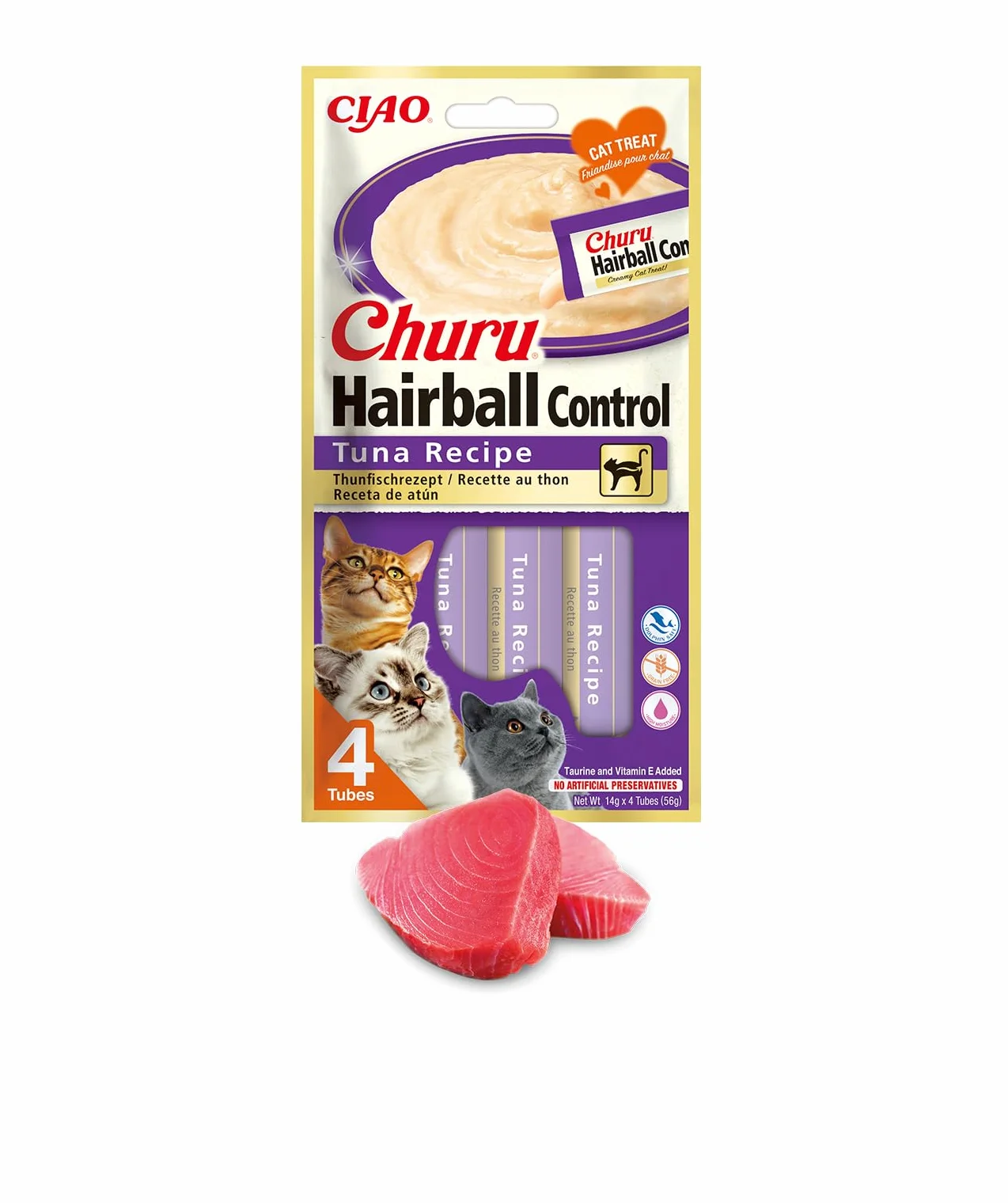 Churu Hairball Control Friandises pour Chats Thon 4x14g Prévention Boules de Poils Digestion Saine
