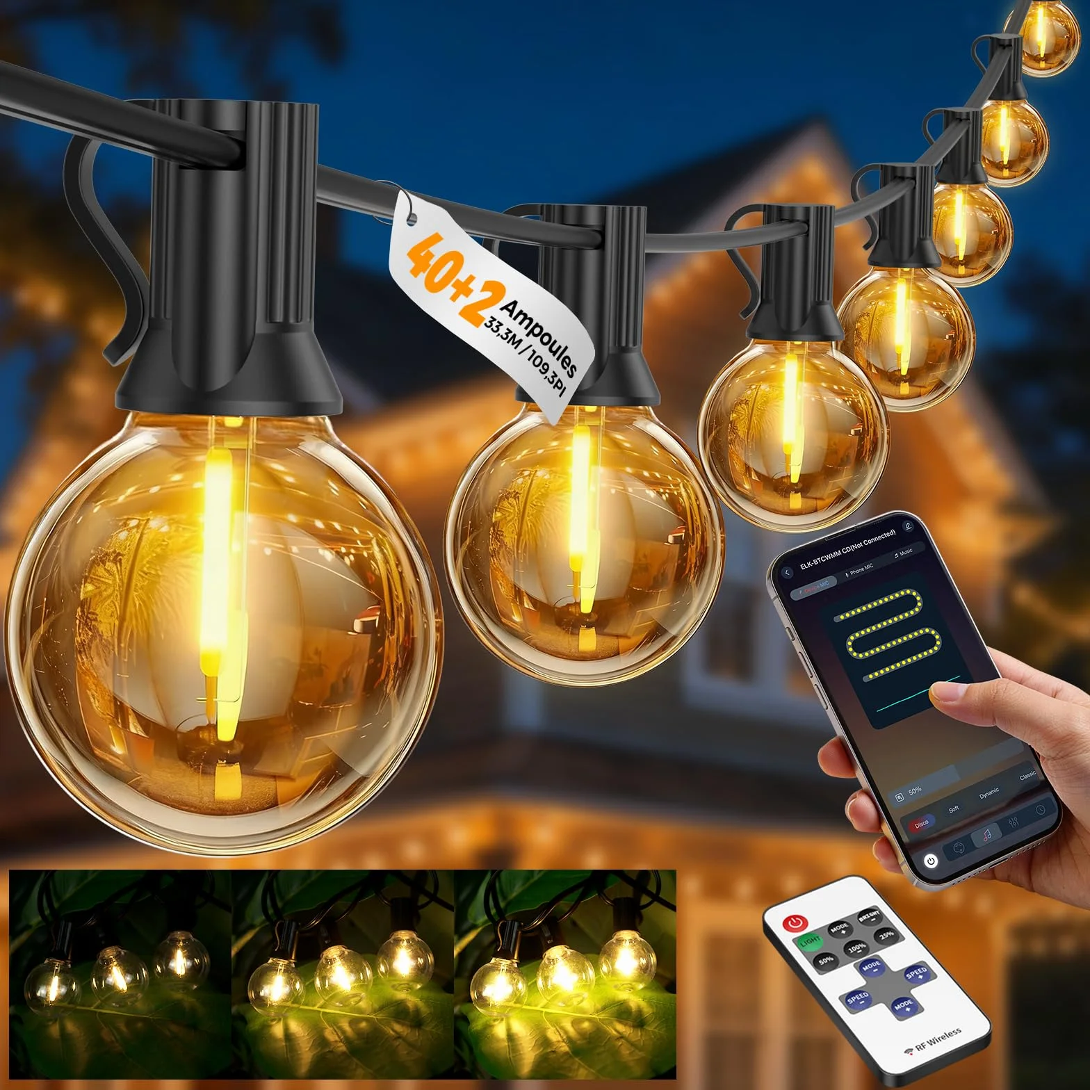 Guirlande Lumineuse Exterieure G40 LED 33,3M avec App & Télécommande Dimmable IP44