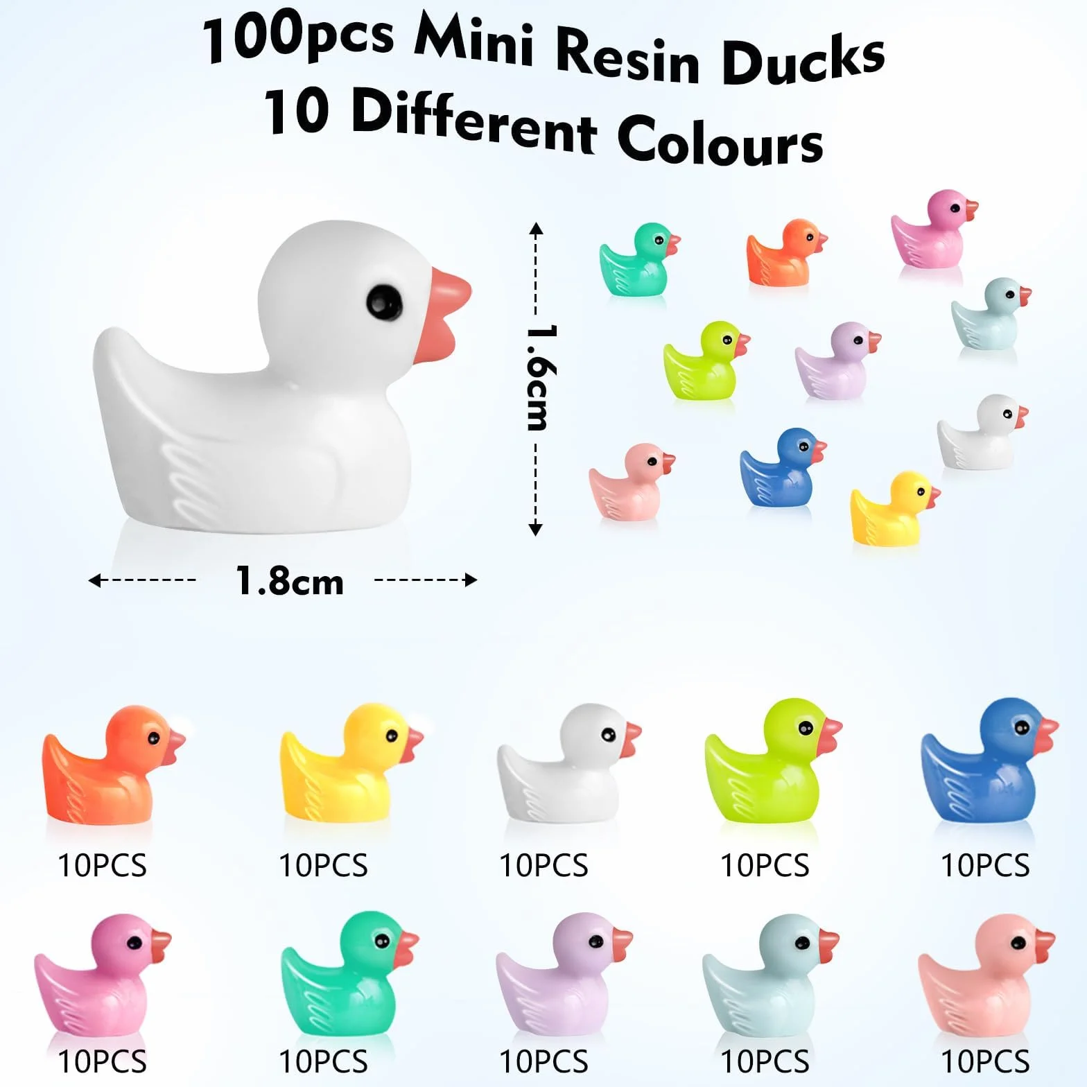 Lot de 100 Pièces Mini Canard en Résine, 10 Couleurs - 1,6 x 1,8 cm, pour Aquarium Jardin