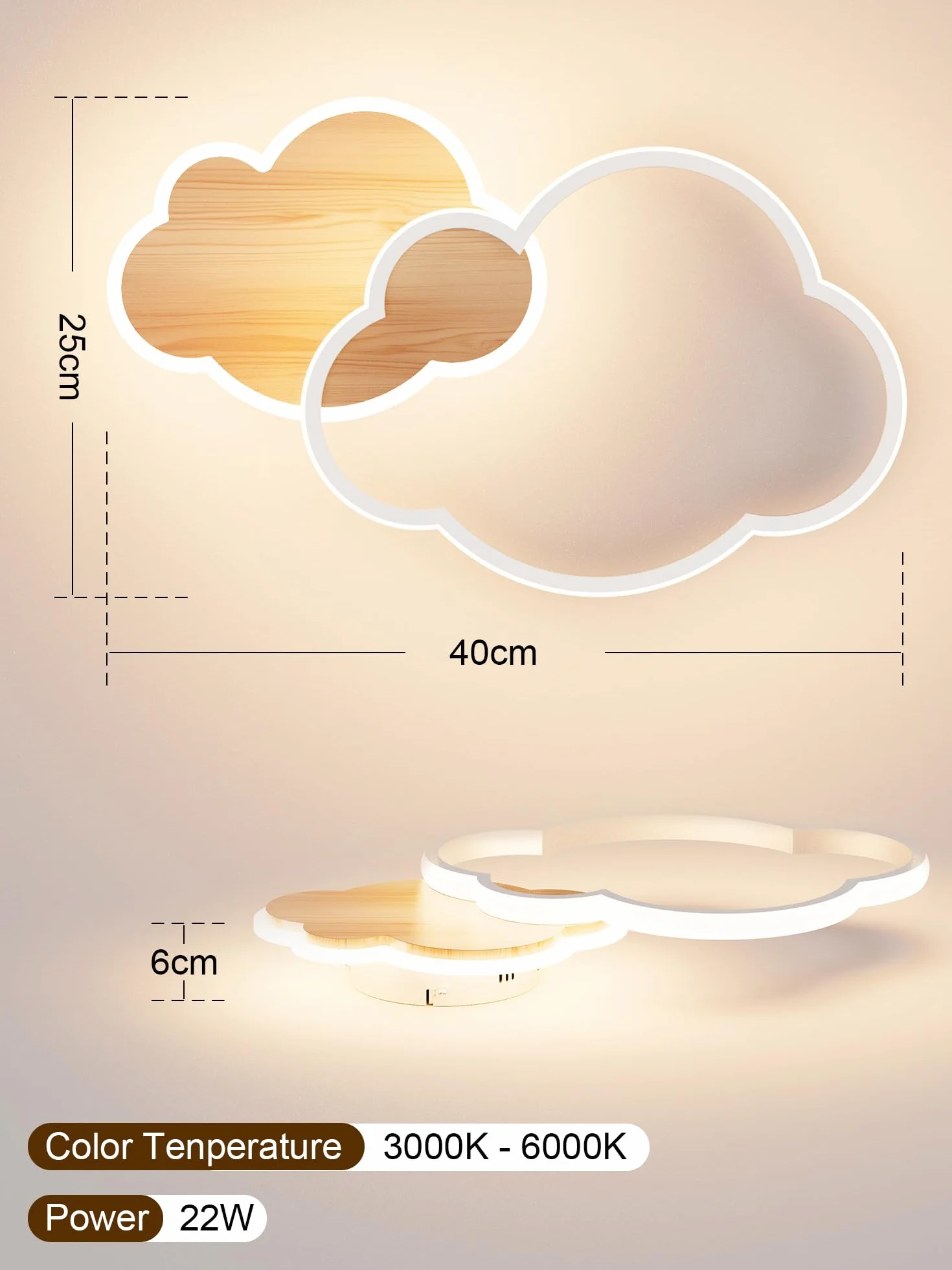 Plafonnier LED nuage 40CM 22W Dimmable avec Télécommande 3000K-6000K pour Chambre Enfant